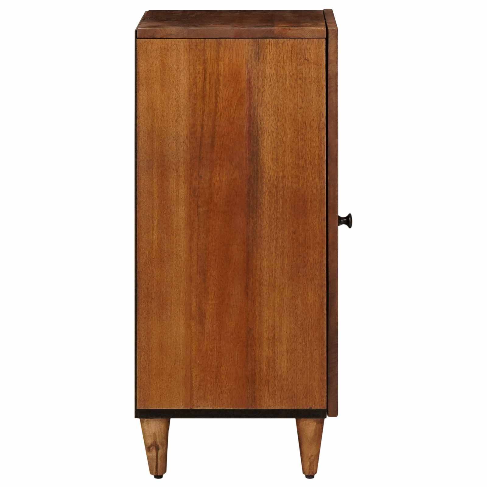 Ein Holzschrank mit einer einzelnen Tür und sich verjüngenden Beinen, versehen mit einer dunkelbraunen Oberfläche und einem kleinen schwarzen Griff an der Seite.
