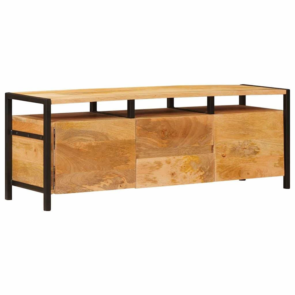 TV-Ständer aus Holz mit schwarzem Metallrahmen, ausgestattet mit drei Stauraumbereichen. Natürliche Holzmaserung sichtbar.