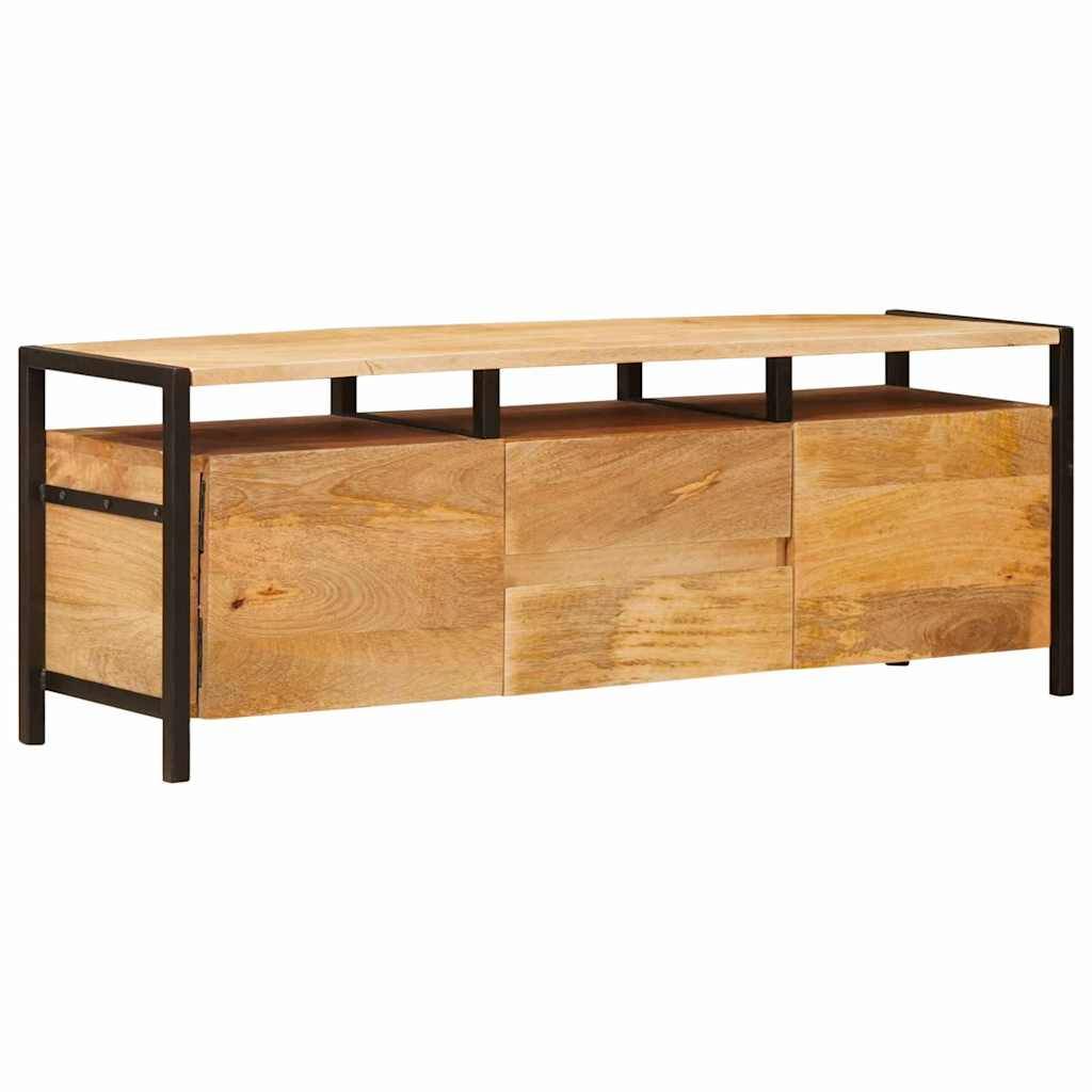 Schwarzes Sideboard aus Holz mit drei Schubladen, Metallrahmen und offenem Regal. Geeignet für Aufbewahrung und Präsentation in Wohnräumen.
