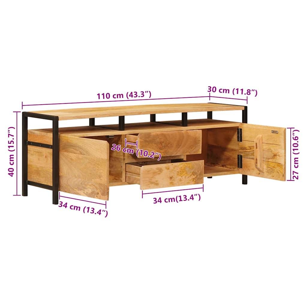 Ein Fernsehtisch aus Holz mit schwarzem Metallrahmen verfügt über zwei Schubladen mit je 26 cm (10,2") Größe sowie Schranktüren, die Abmessungen sind beschriftet.