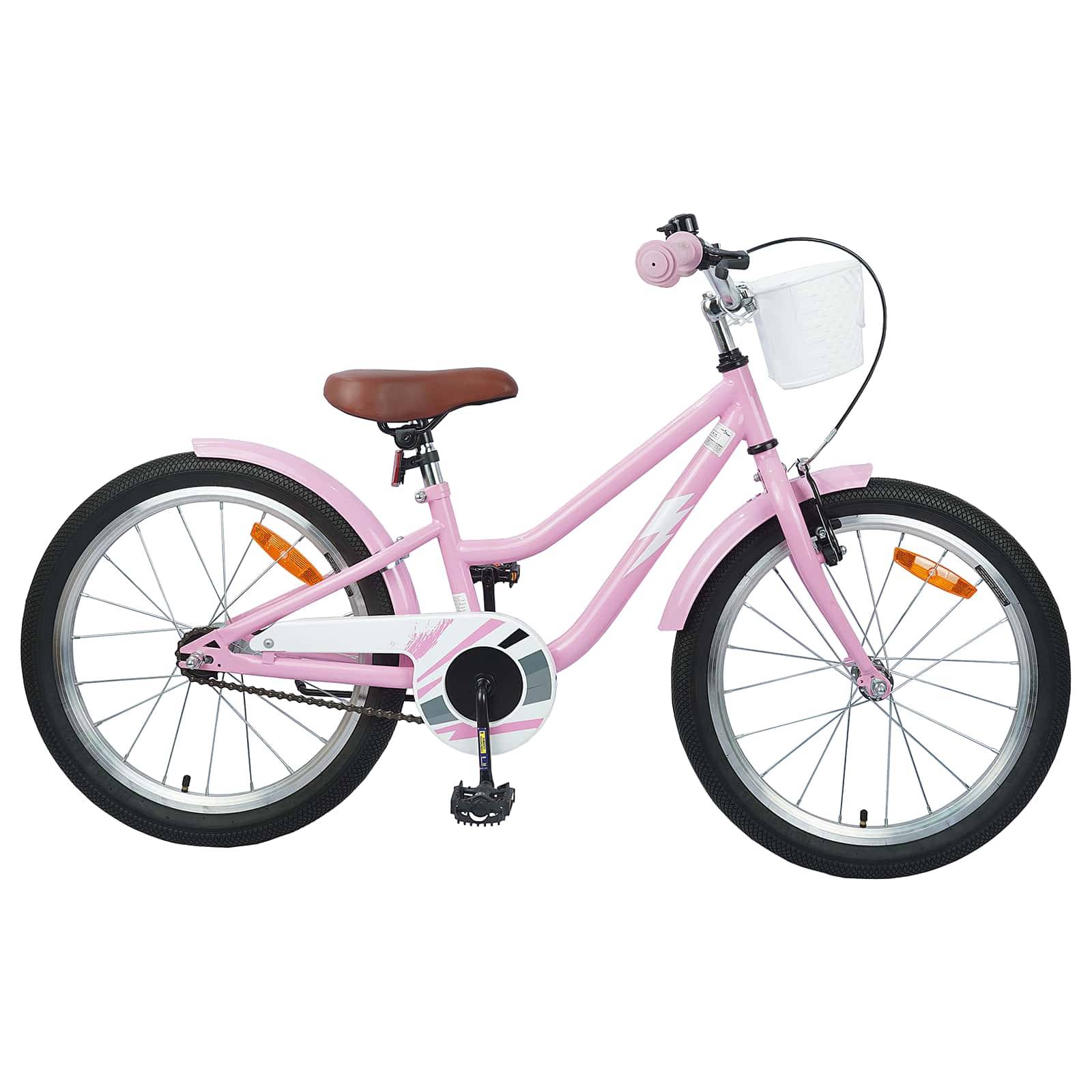 Ein rosa Kinderfahrrad mit einem braunen Sattel und einem weißen Korb am Lenker, ausgestattet mit Stützrädern, die am Hinterrad befestigt sind.