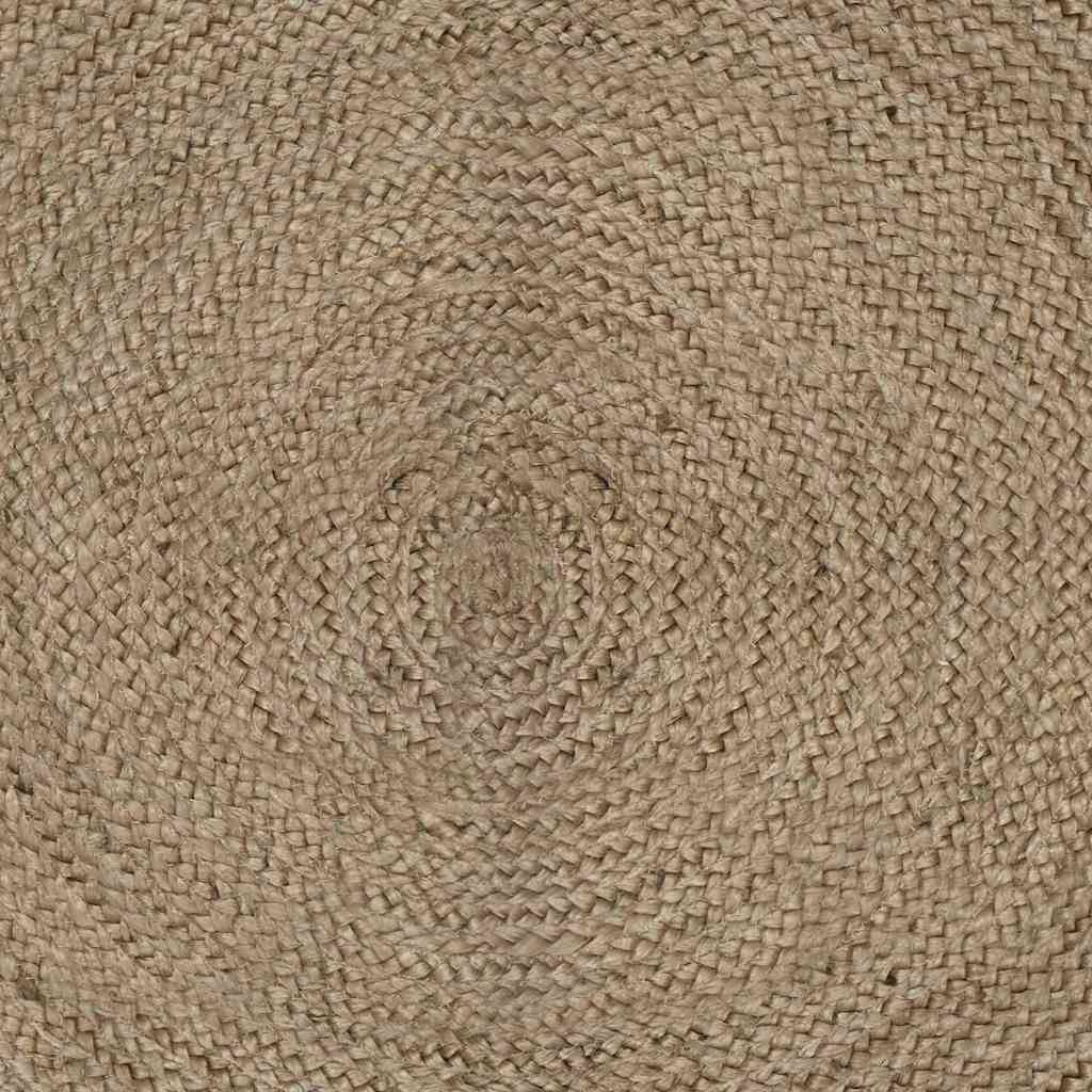 Ein rundes, gewebtes Juteteppich mit einem Spiralmuster in natürlichen Beigetönen.