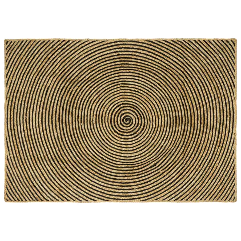 Ein rechteckiger Teppich mit konzentrischen schwarzen Kreisen auf beigem Hintergrund, der ein Spiralmuster vom Zentrum nach außen erzeugt.