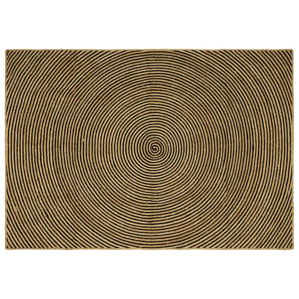 Rechteckiger Teppich mit konzentrischen Kreismustern in Brauntönen, der einer Spirale ähnelt.