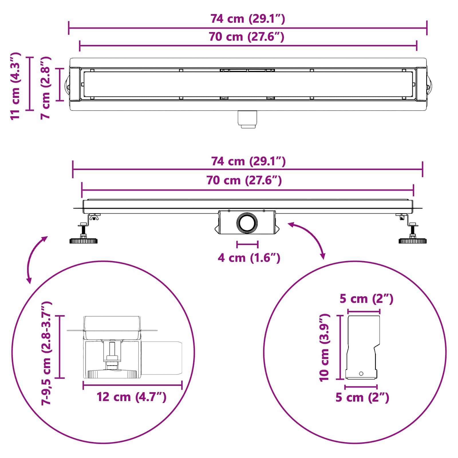 Diagramm zeigt Abmessungen einer rechteckigen Leuchte: 74 cm Breite, 11 cm Höhe und 7 cm Tiefe. Seitenansichten umfassen eine Höhe von 4 cm zwischen den Befestigungen, eine verstellbare Montagehöhe von 7-9,5 cm und eine Basisbreite von 12 cm.