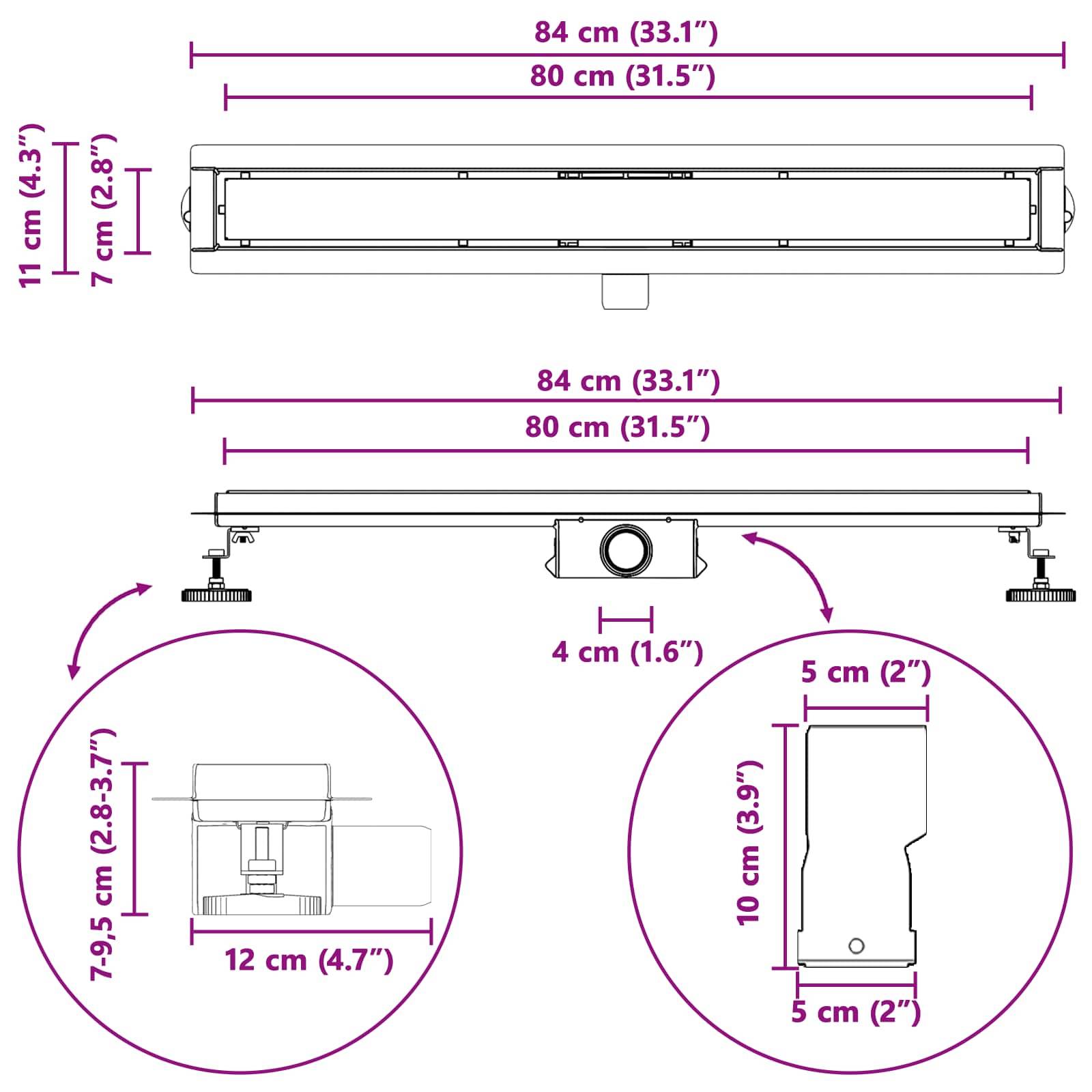 Abmessungen eines rechteckigen Geräts mit zwei verstellbaren Stützen. Draufsicht: 84 cm Länge, 7 cm Tiefe. Seitenansicht: 4 cm Höhe, 80 cm und 84 cm Längen.