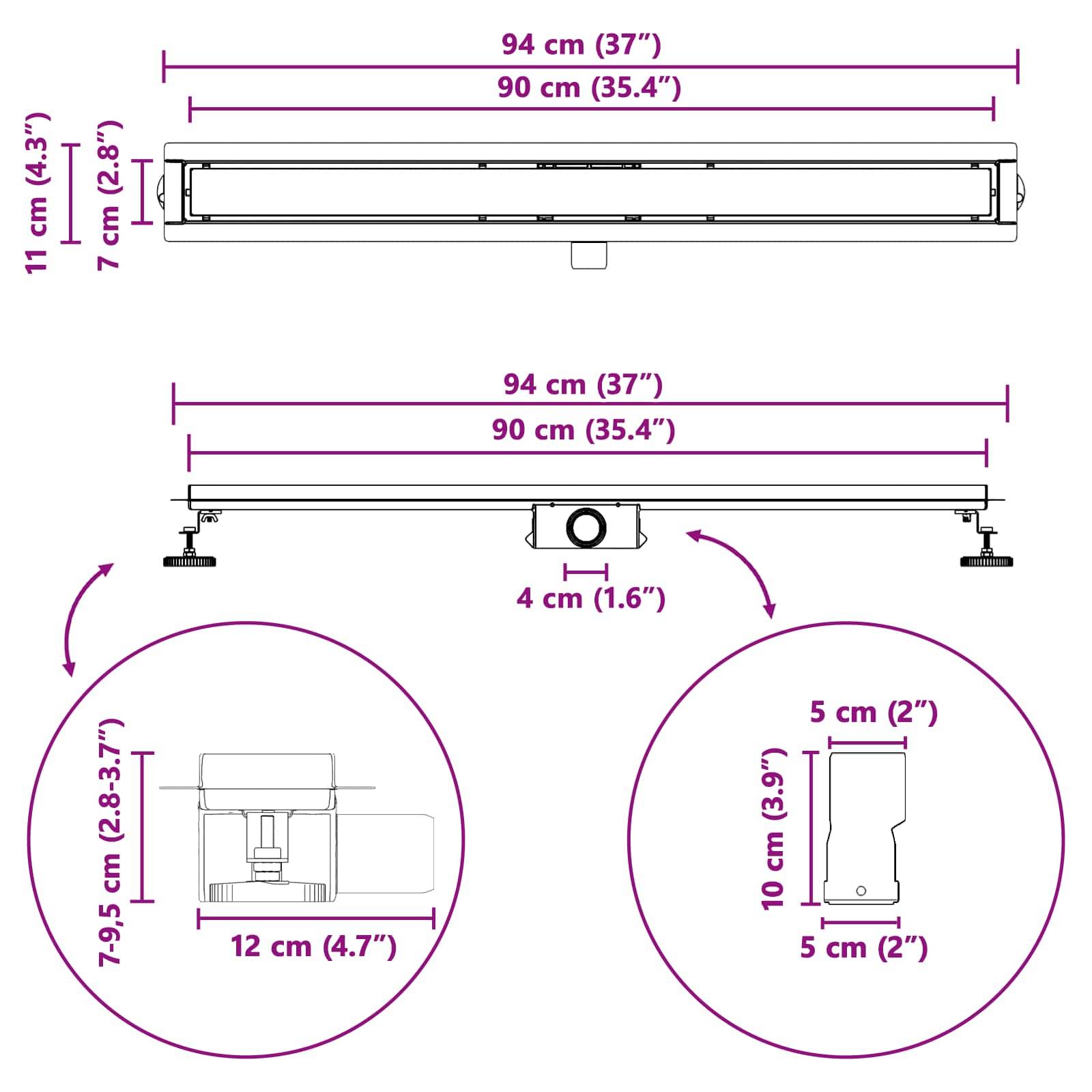 Diagramm mit Abmessungen einer rechteckigen Leuchte: 94 cm Breite, 7 cm Höhe, 12 cm Tiefe. Kreisförmige Basis: 10 cm.