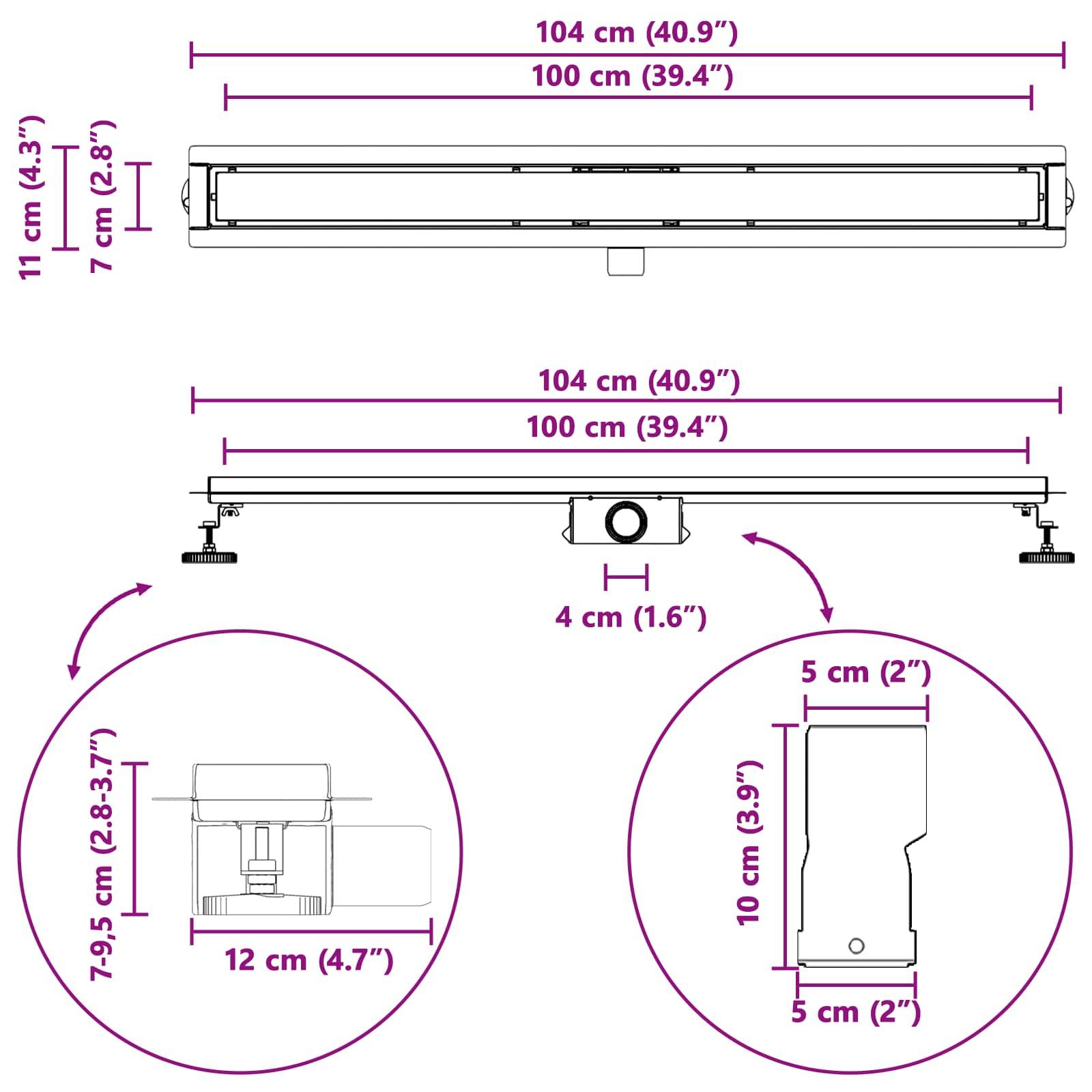 Diagramm einer linearen Leuchte mit Abmessungen. Draufsicht: 104 cm breit, 11 cm hoch, 7 cm tief. Seitenansicht: 104 cm breit, 4 cm hoch. Endansicht: 12 cm breit, 9,5 cm hoch.