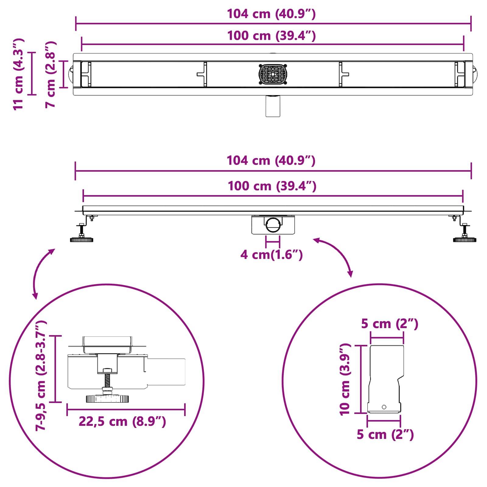 Diagramm mit den Abmessungen einer linearen Leuchte: Länge 104 cm (40,9
