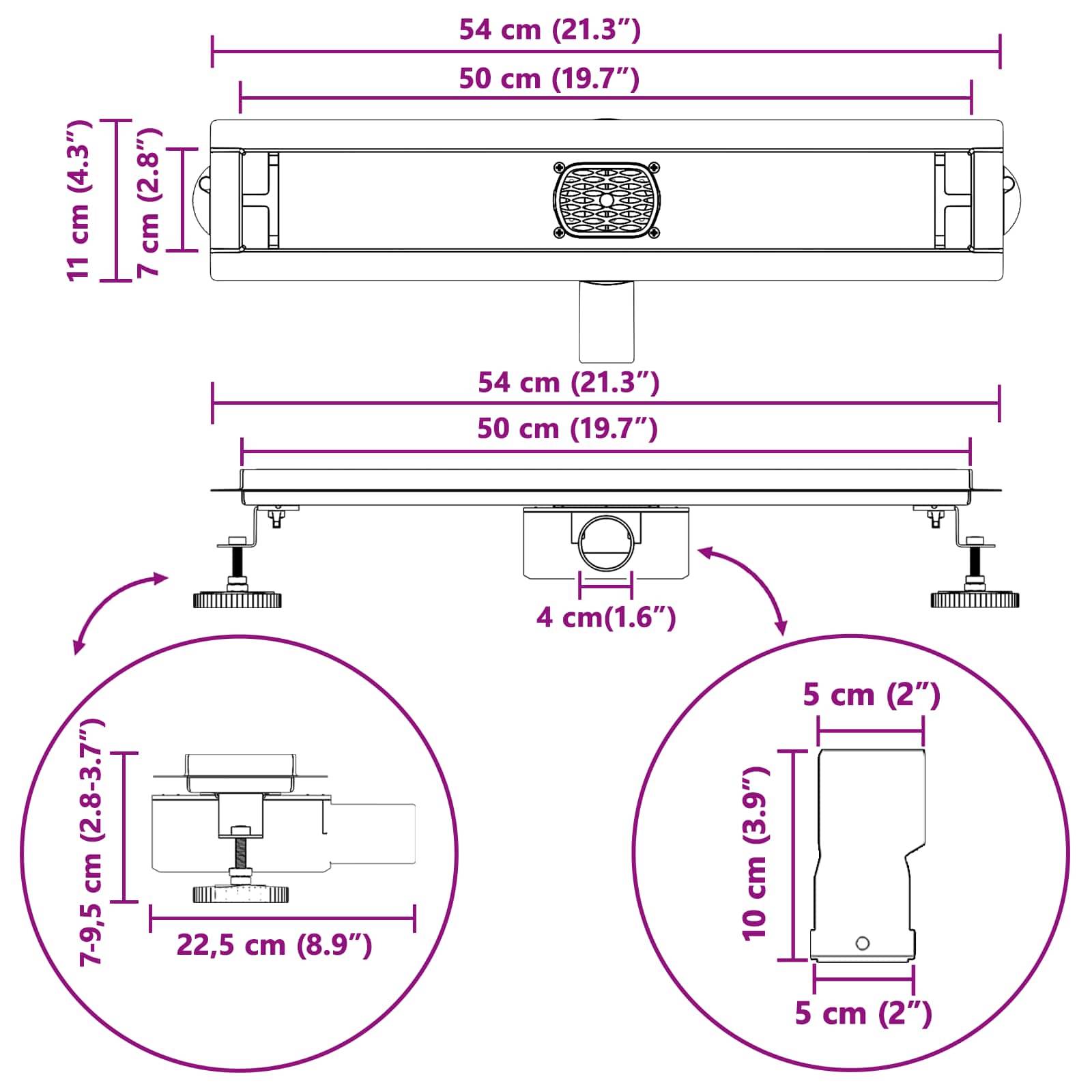 Eine Skizze eines Geräts mit Messungen in Zentimetern und Zoll. Abmessungen umfassen Länge, Breite und Höhe verschiedener Teile.
