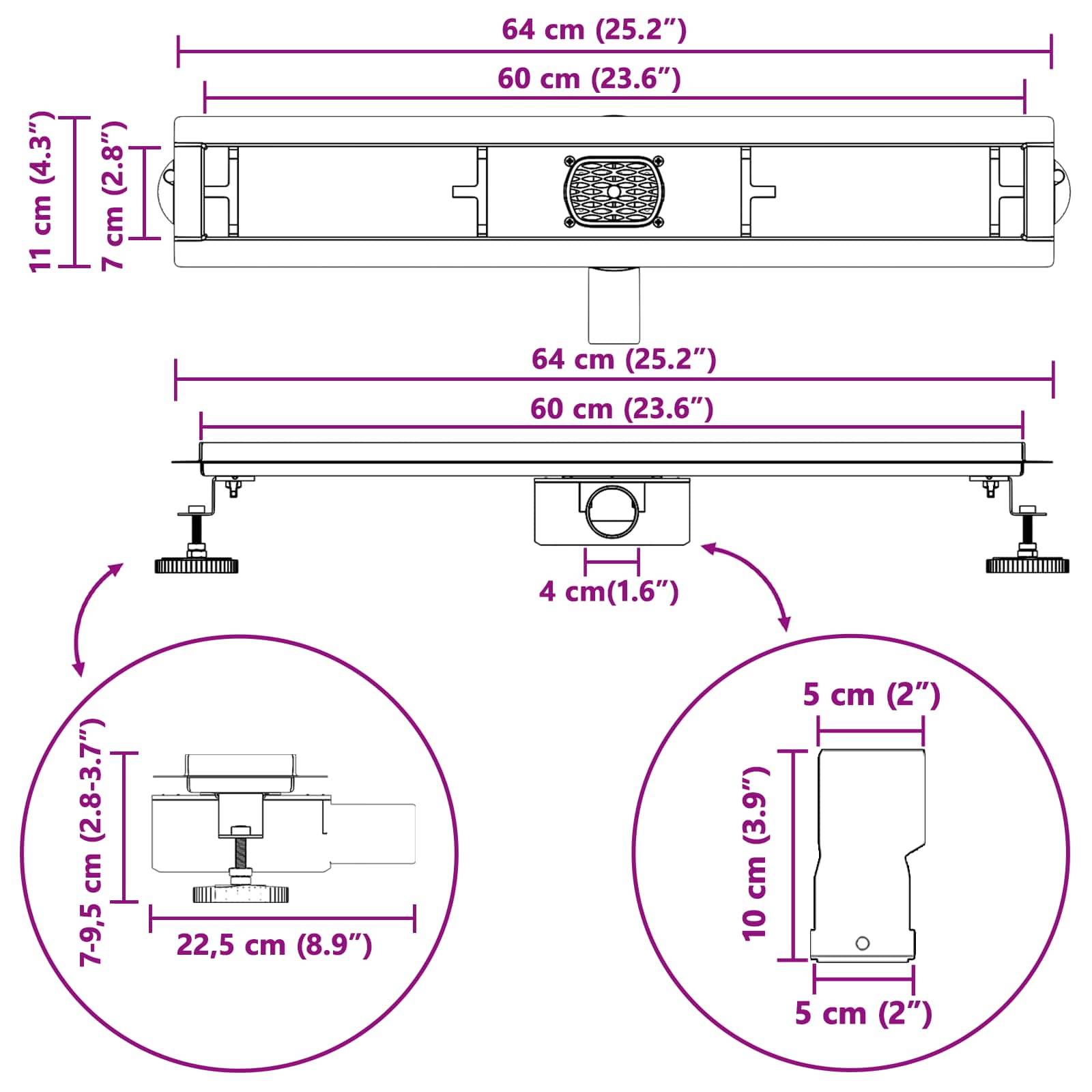 Technische Zeichnung eines Geräts mit Abmessungen: 64 cm (25,2