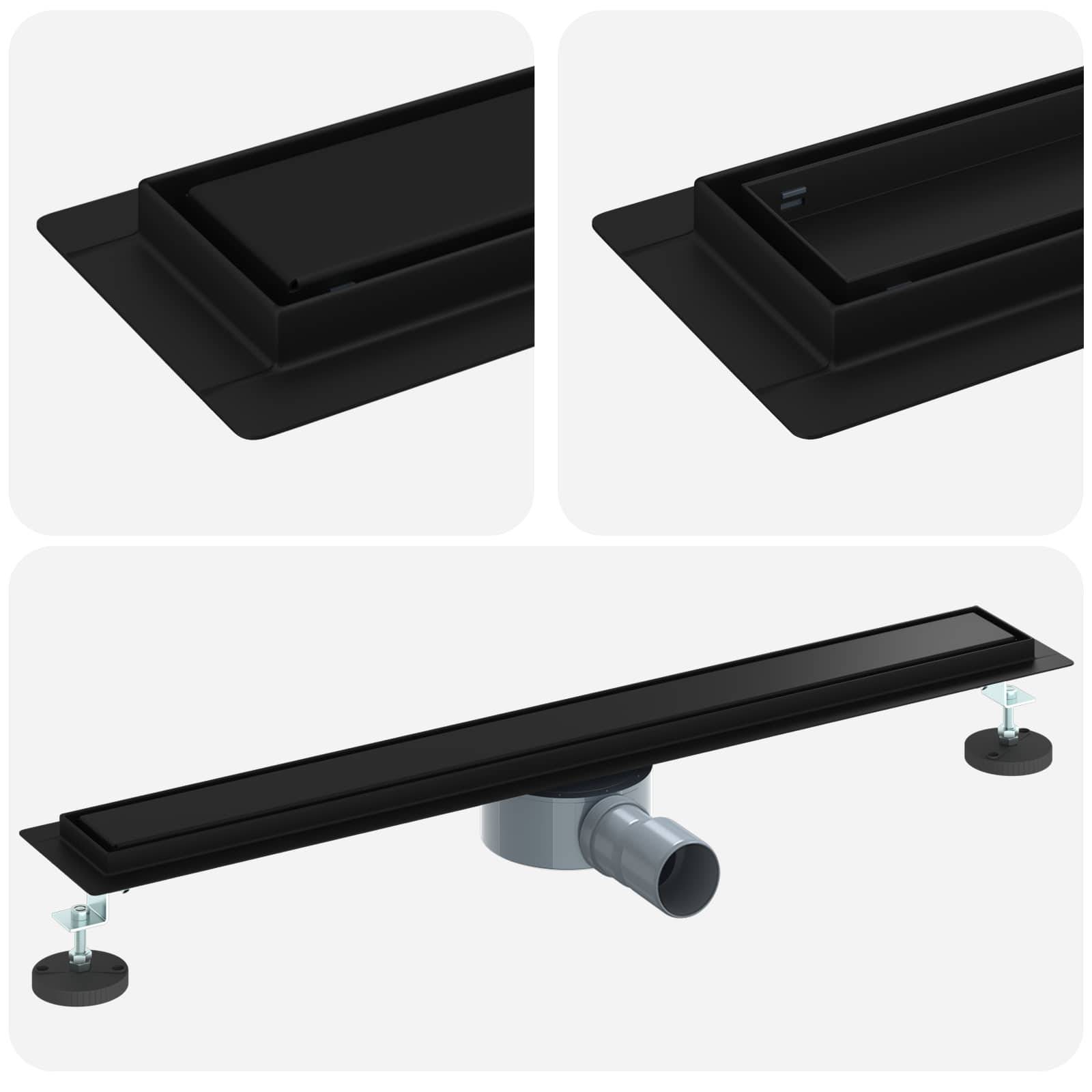 Schwarzer rechteckiger Bodenablauf mit verstellbaren Füßen und zentraler Ablaufmuffe, dargestellt aus verschiedenen Winkeln für den Installationszusammenhang.