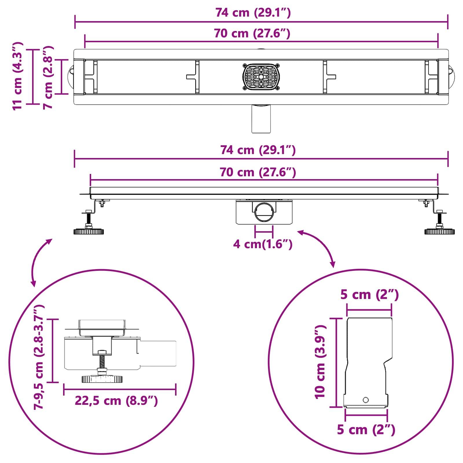 vidaXL Duschablauf 2-in-1 mit 360° Siphon Schwarz 70 cm Edelstahl 304