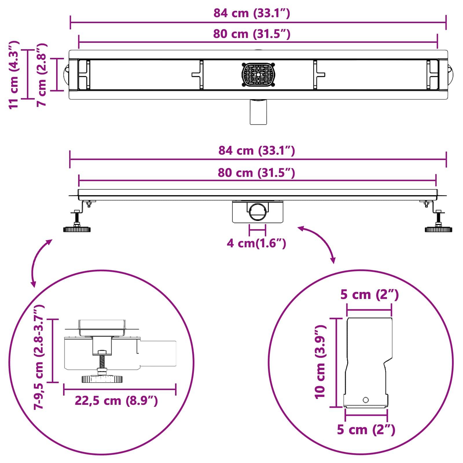 Diagramm mit Abmessungen einer Leuchte: Länge 84 cm (33,1