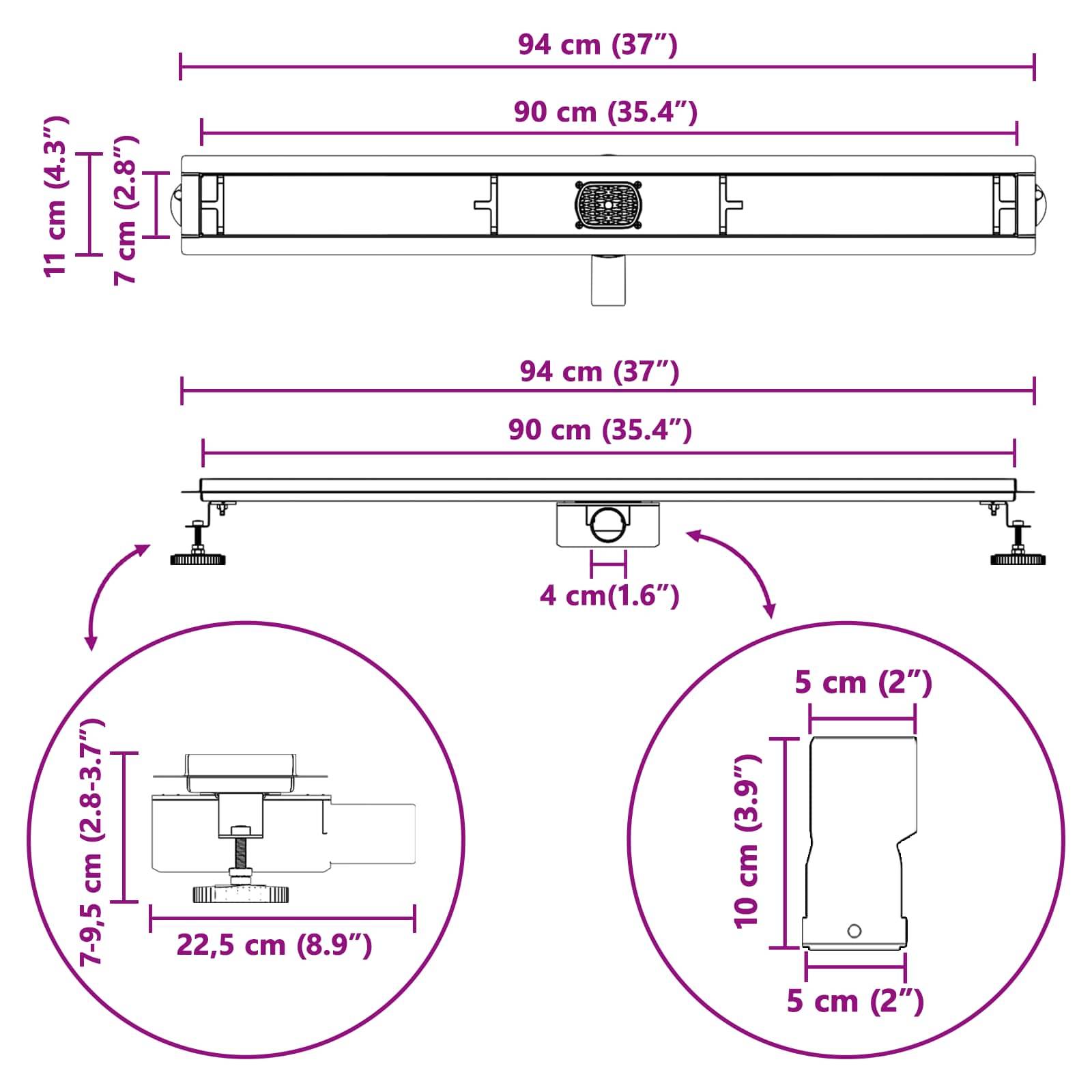 Diagramm einer Montageklammer, Maße beschriftet: Gesamtlänge 94 cm; Höhe 7 cm. Details des unteren Abschnitts: höhenverstellbar 7-9,5 cm.