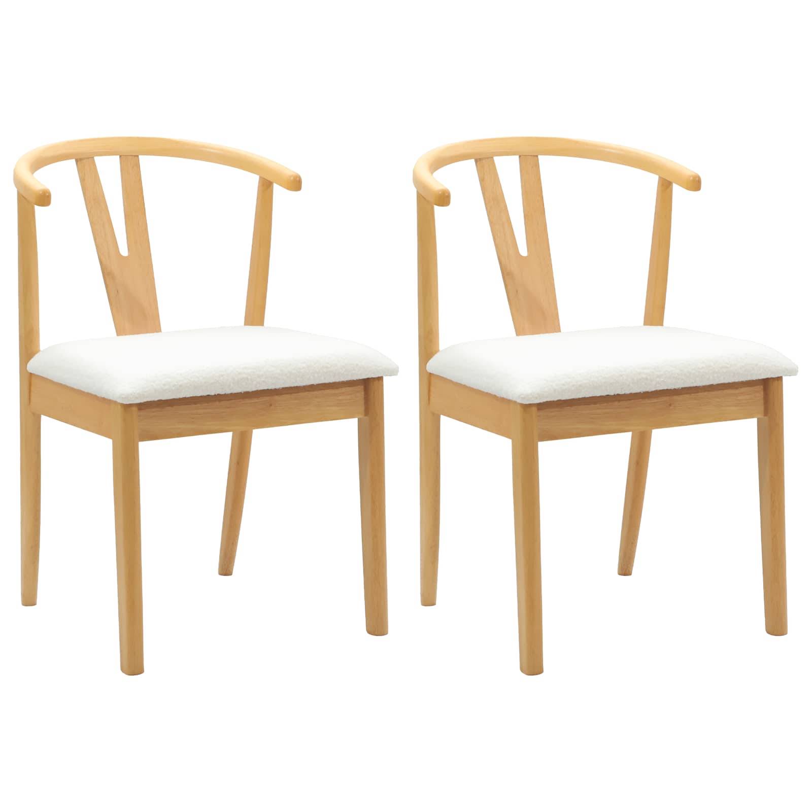 Zwei Holzstühle mit geschwungenen Rückenlehnen und weiß gepolsterten Sitzflächen stehen nebeneinander.
