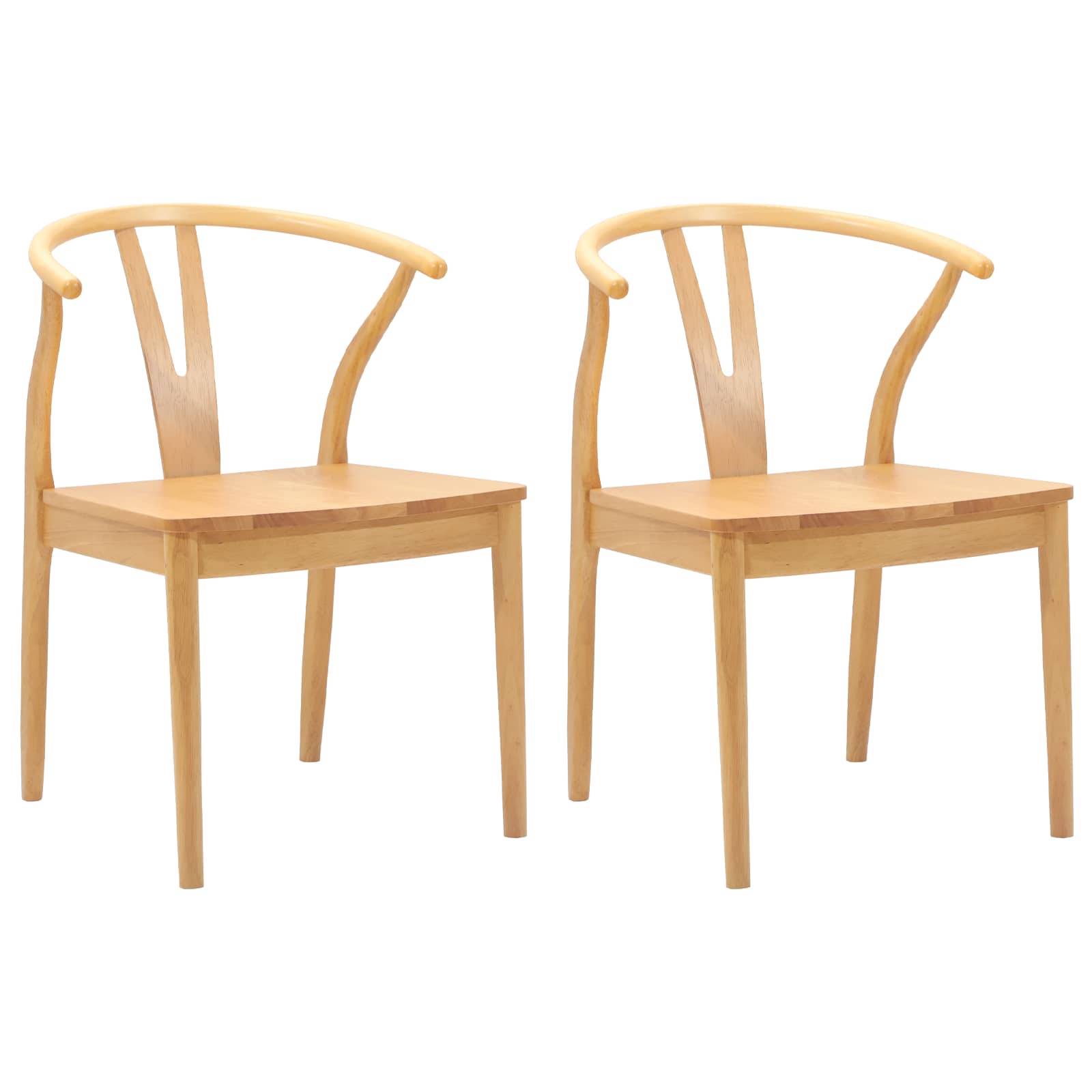 Zwei identische Holzstühle mit geschwungenen Rückenlehnen und natürlicher Oberfläche, nebeneinander platziert und einen minimalistischen Designstil repräsentierend.