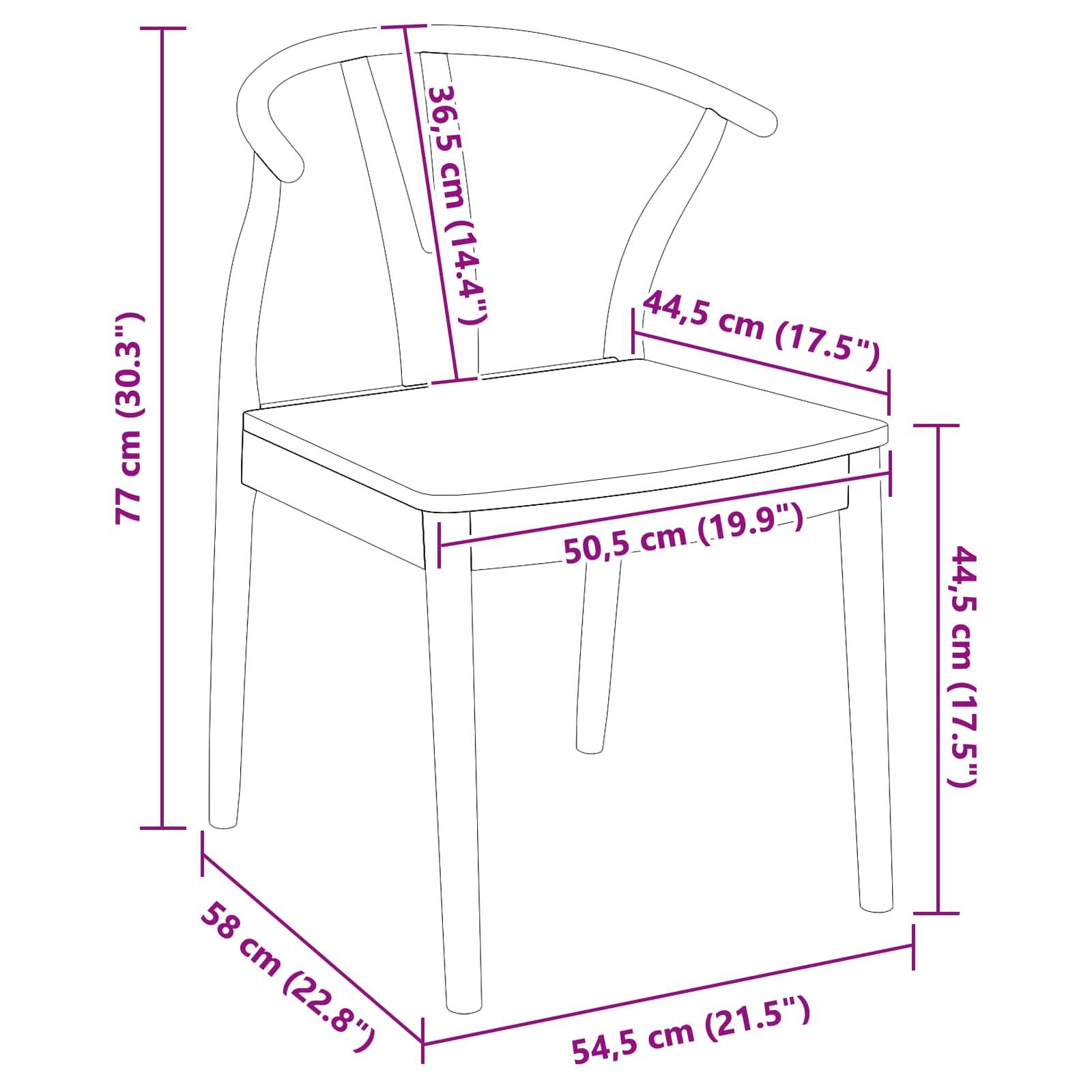 Eine Skizze eines Stuhls mit Maßen: Höhe 77 cm, Breite 54,5 cm, Tiefe 58 cm; Rückenlehne Höhe 36,5 cm; Sitzhöhe 50,5 cm.