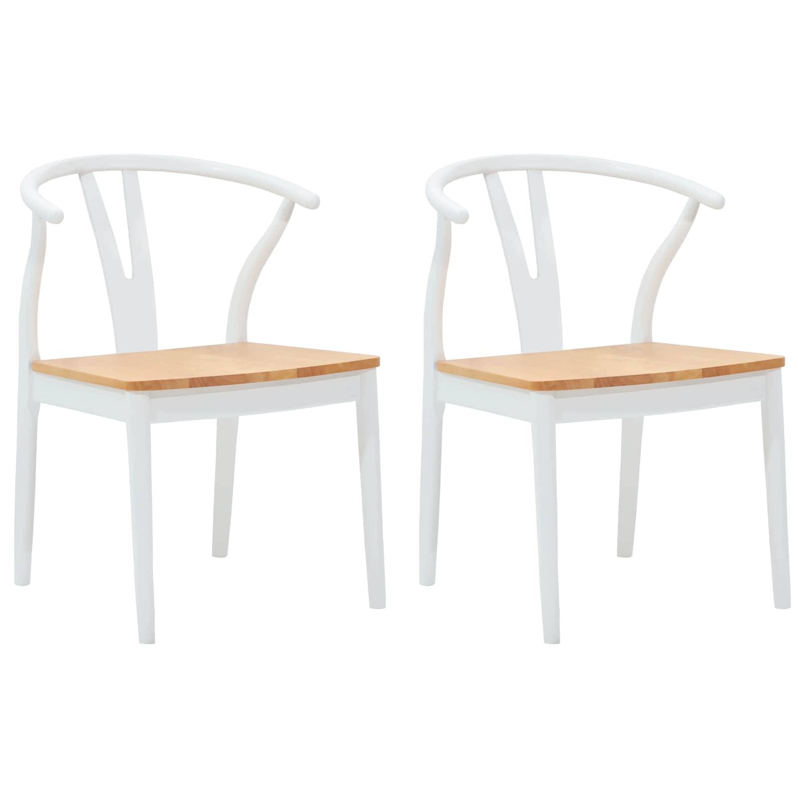 Zwei moderne Essstühle mit weißen geschwungenen Rückenlehnen und Sitzflächen aus Naturholz, die ein minimalistisches Design präsentieren.