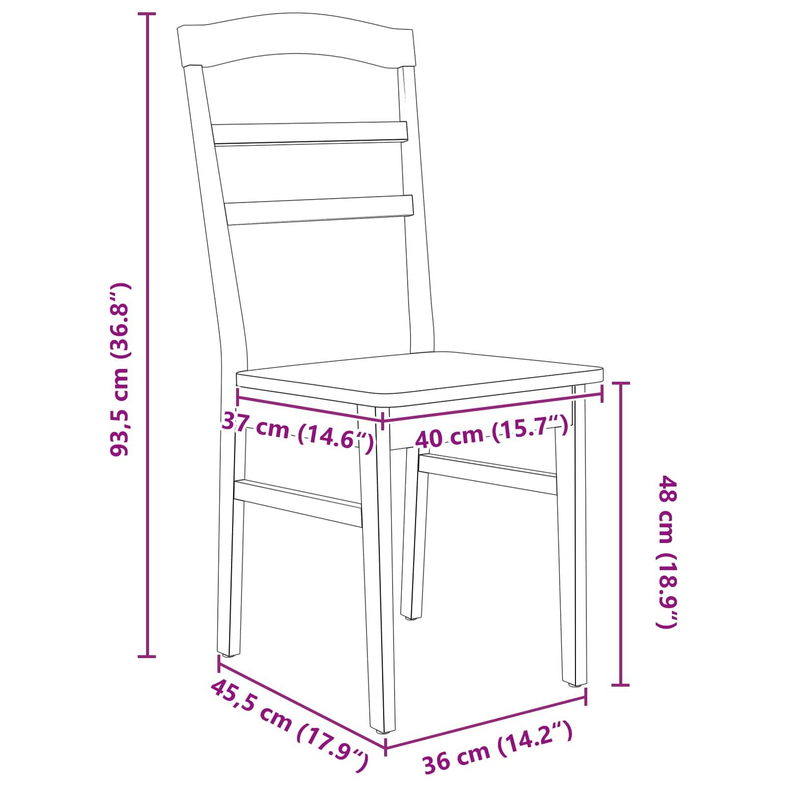 Eine Linienzeichnung eines Holzstuhls mit Abmessungen: Höhe 93,5 cm (36,8