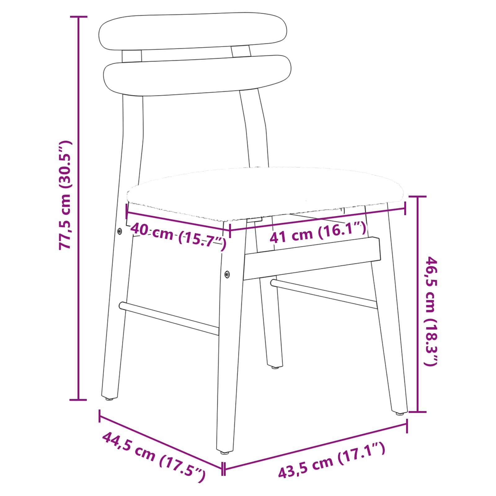 Ein weißer, moderner Stuhl mit Abmessungen: 77,5 cm hoch, 44,5 cm breit und 43,5 cm tief. Die Sitzhöhe beträgt 46,5 cm.