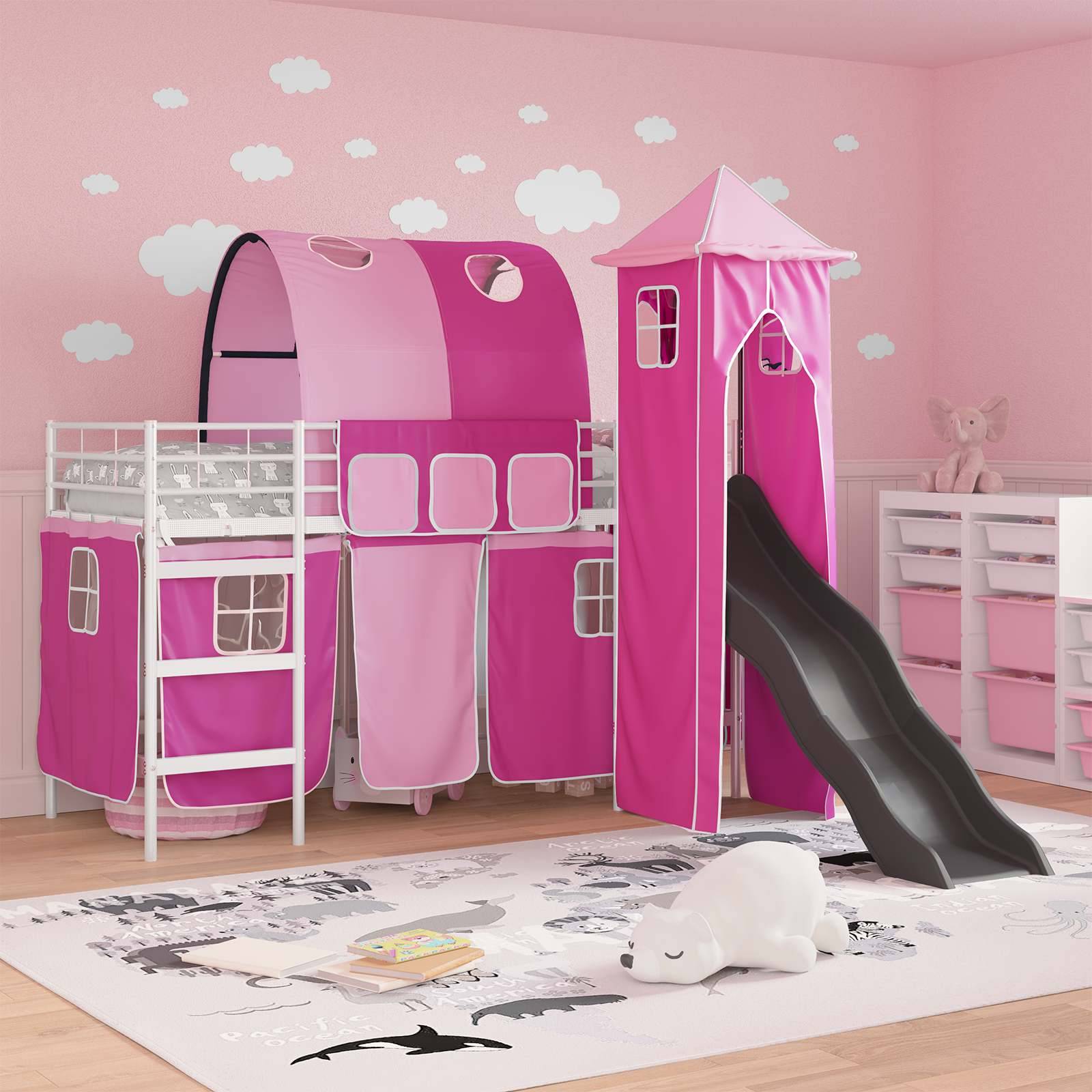vidaXL Kinderloftbett Uni Weiß und Rosa 90 x 190 cm Metall