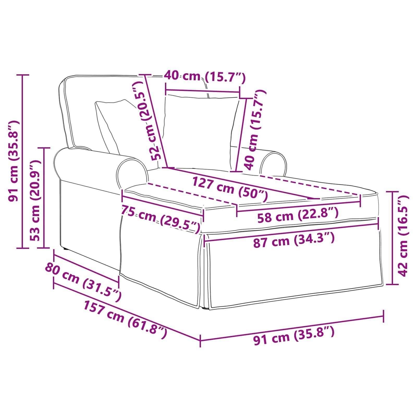 Sessel mit Maßen: Höhe 91 cm, Tiefe 91 cm, Breite 157 cm. Verfügt über eine Sitzmulde von 127 cm Tiefe und eine Sitzhöhe von 53 cm.