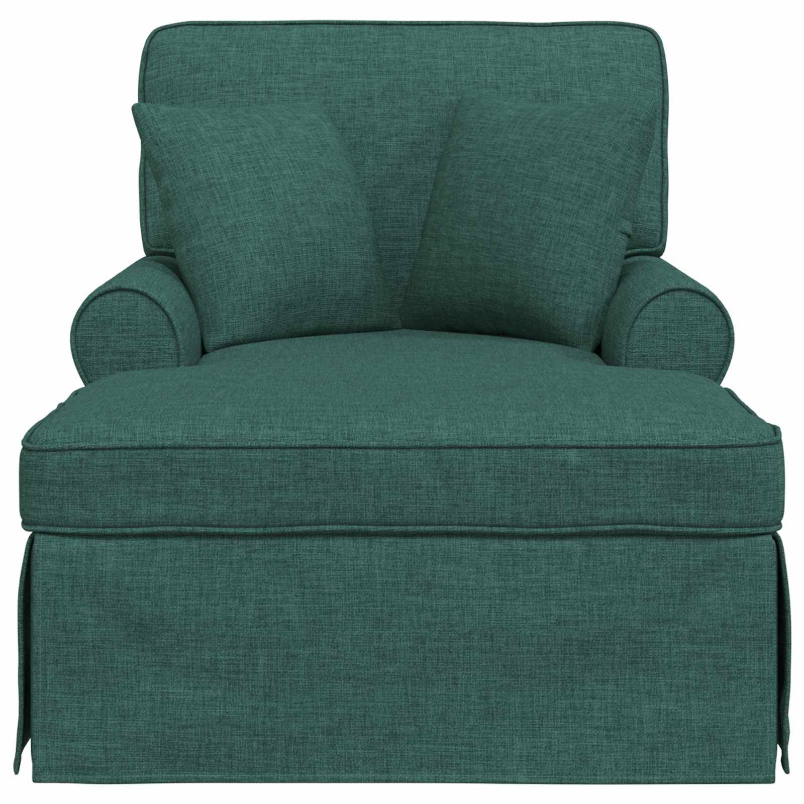 Ein grün gepolsterter Sessel mit zwei passenden Kissen, versehen mit einer Rock-Basis für einen traditionellen Look, in der Mitte des Bildes platziert.