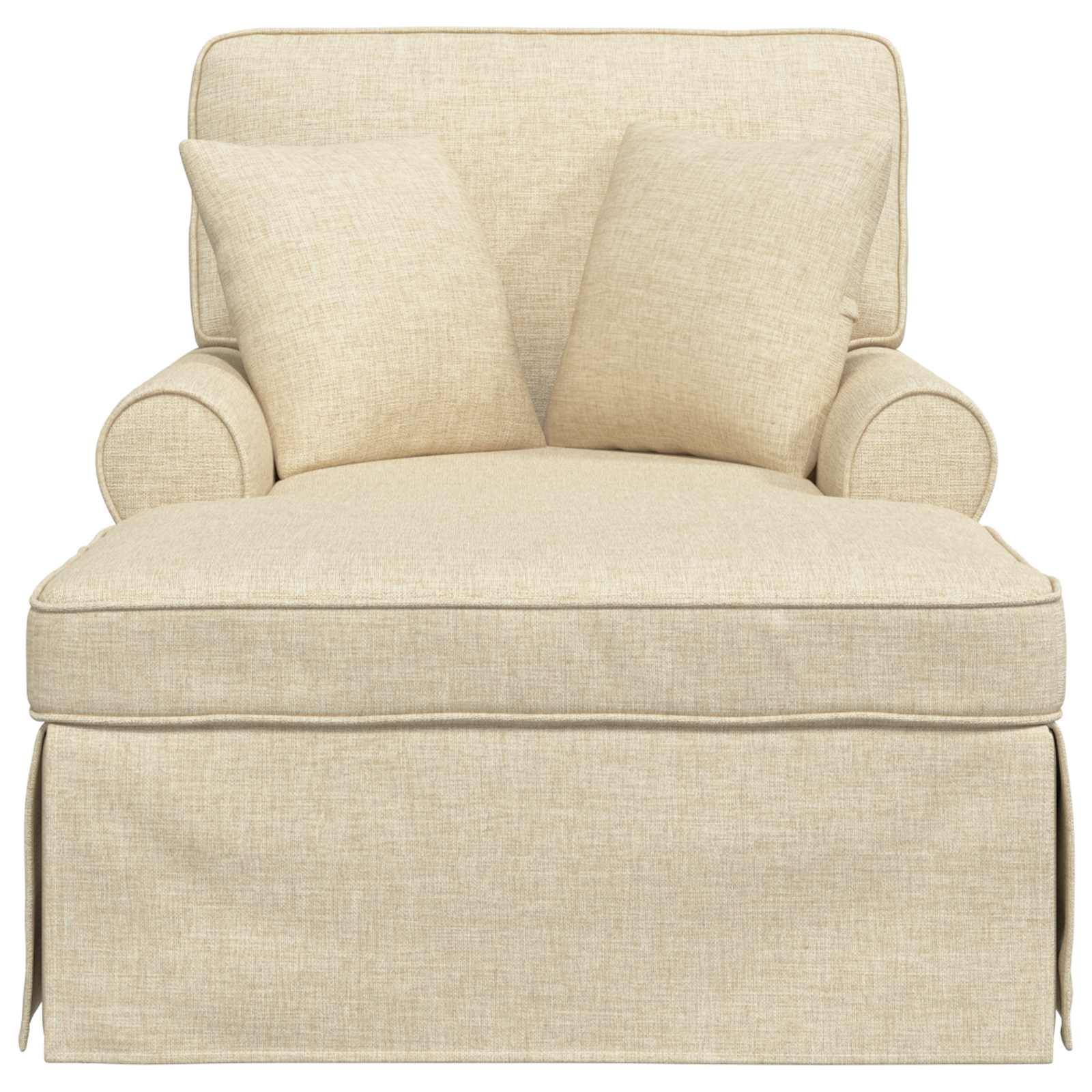 Ein beige gepolsterter Sessel mit zwei passenden Kissen, ausgestattet mit einem rockförmigen Sockel und abgerundeten Armlehnen, der eine gemütliche Sitzmöglichkeit bietet.