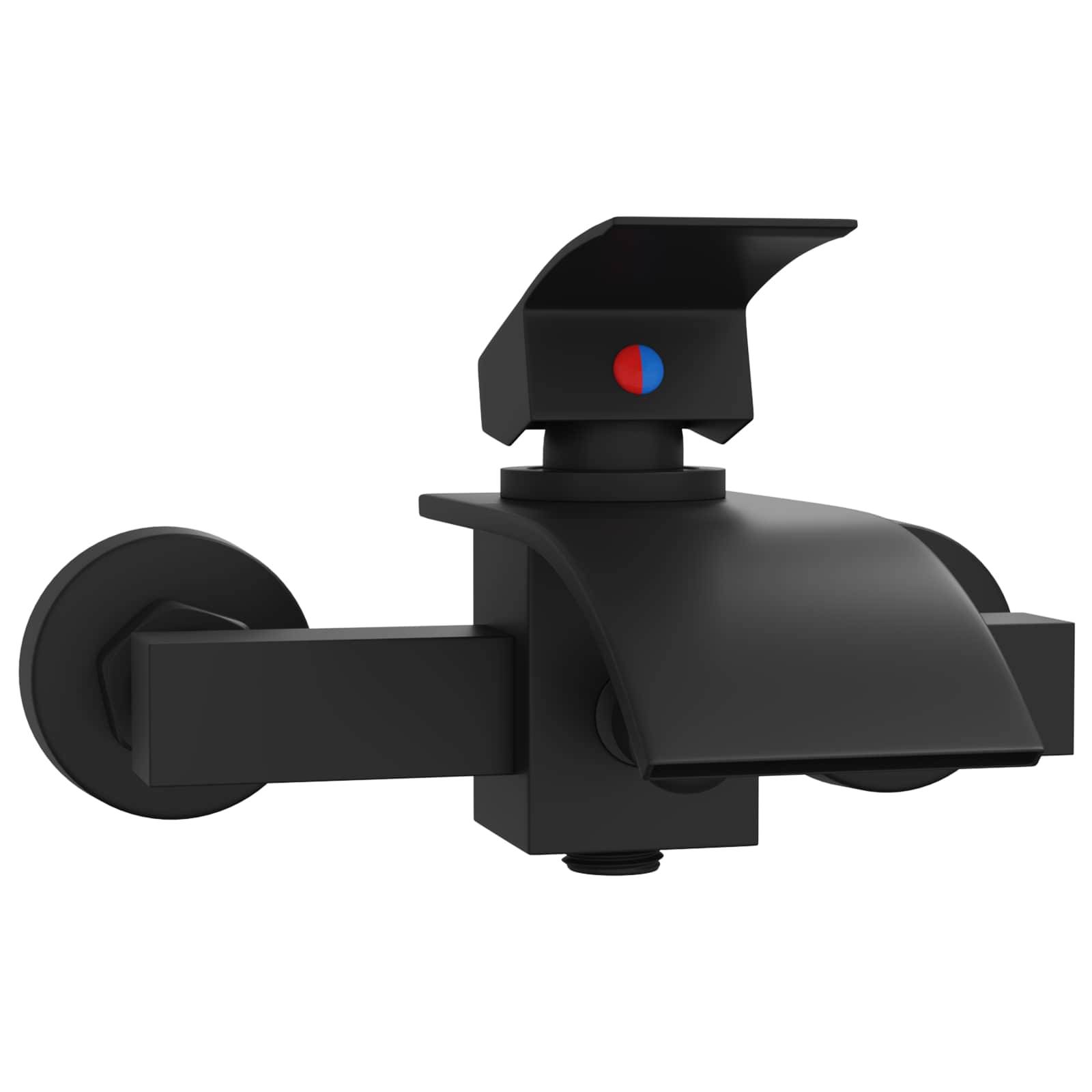 Schwarzer, wandmontierter Wasserfall-Badezimmer-Wasserhahn mit einem Hebel zur Einstellung von Warm- und Kaltwasser.