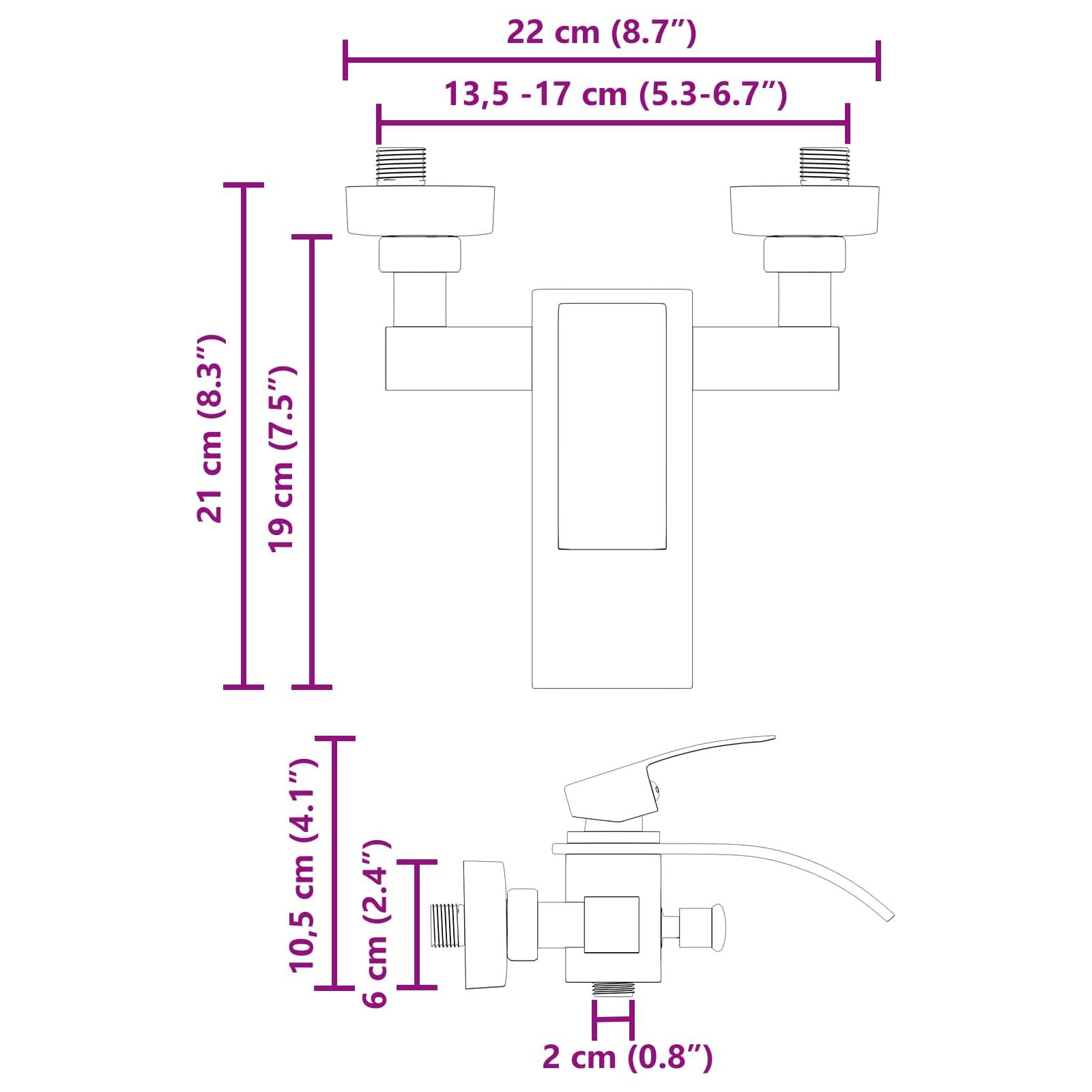 Diagramm eines Wasserhahns mit Abmessungen: Breite 22 cm (8,7