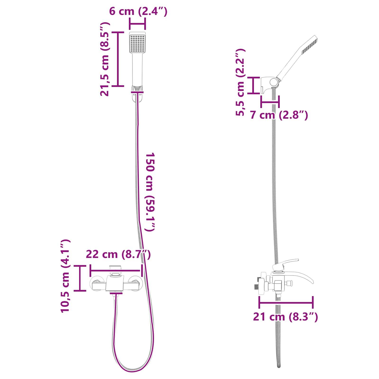 Illustration, die einen Duschkopf-Aufbau mit Abmessungen zeigt: Duschkopfhöhe 6 cm, verstellbare Schlauch-Länge 150 cm und Wandhalter-Abstand 22 cm und 21 cm.