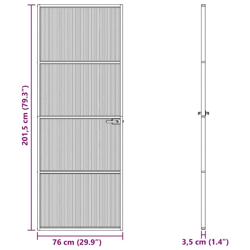 Ein vertikales Tor mit einer Höhe von 201,5 cm, einer Breite von 76 cm und einer Tiefe von 3,5 cm, dargestellt in Vorder- und Seitenansicht mit in Zentimetern beschrifteten Abmessungen.
