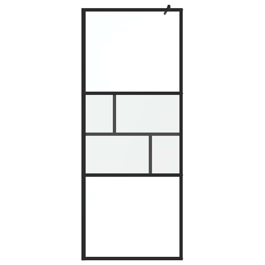 Rechteckige Glastür mit schwarzem Metallgitter-Design, versehen mit mehreren rechteckigen und quadratischen Feldern, ein Griff oben rechts.