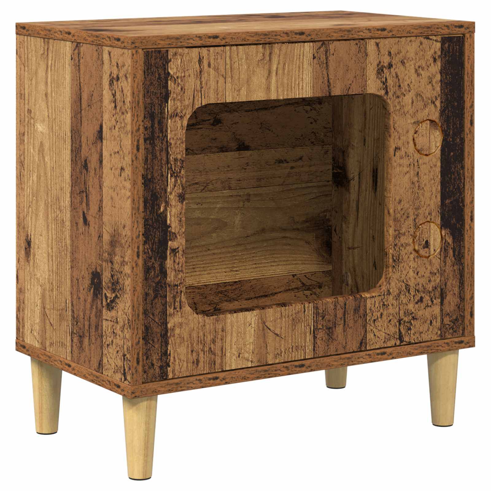 Ein Holzschrank mit rustikaler Oberfläche, versehen mit zwei kleinen runden Griffen und einem offenen Stauraum auf kurzen, sich verjüngenden Beinen.