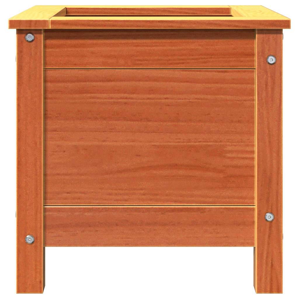 Eine Pflanzbox aus Holz in rechteckiger Form, mit einer natürlichen Holzoberfläche und sichtbaren Schraubenverbindungen an den Ecken zur Montage.