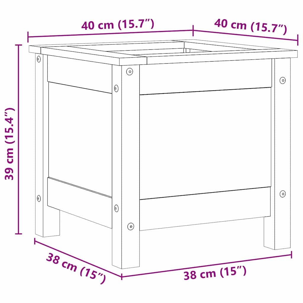 Eine Linienzeichnung eines quadratischen Pflanzgefäßes mit Abmessungen: 40 cm (15,7 Zoll) Breite, 39 cm (15,4 Zoll) Höhe und 38 cm (15 Zoll) Tiefe.