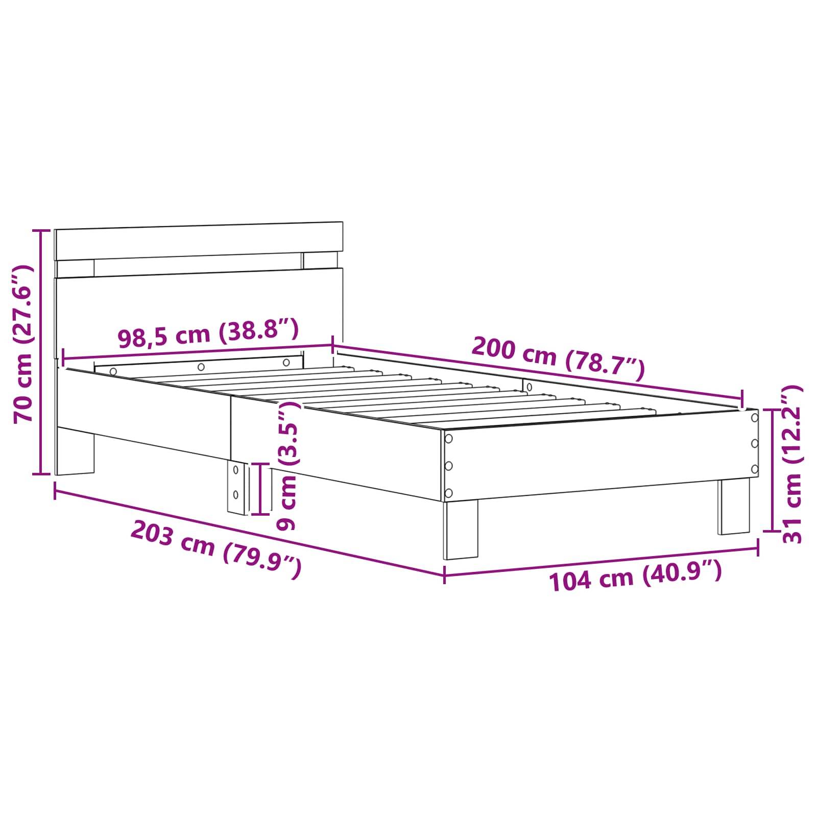 Diagramm eines Bettgestells mit Maßen: 203 cm lang, 104 cm breit und 70 cm hoch. Matratzenbereich misst 200 cm x 98,5 cm.