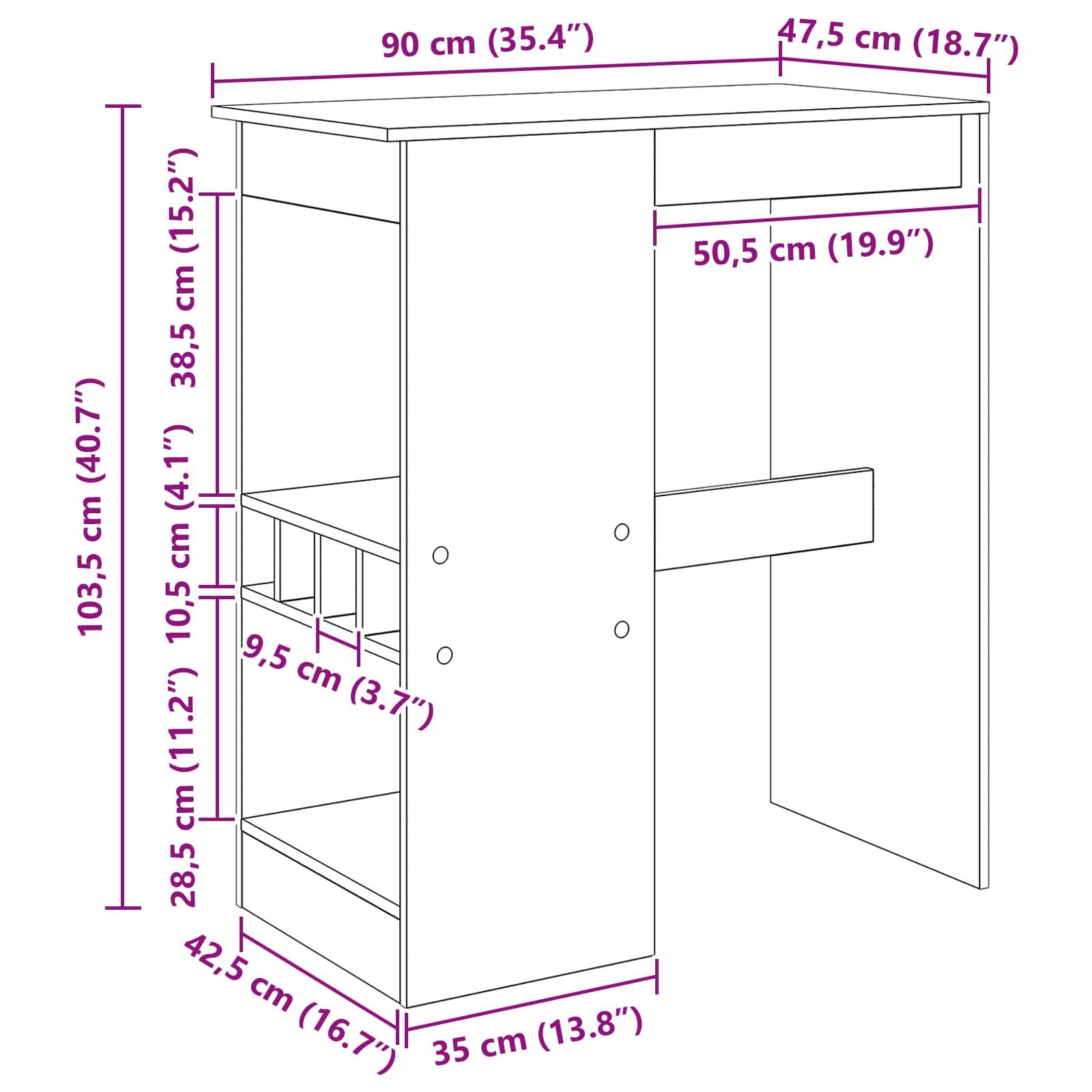 Schreibtisch mit Maßen: 90 cm (35,4