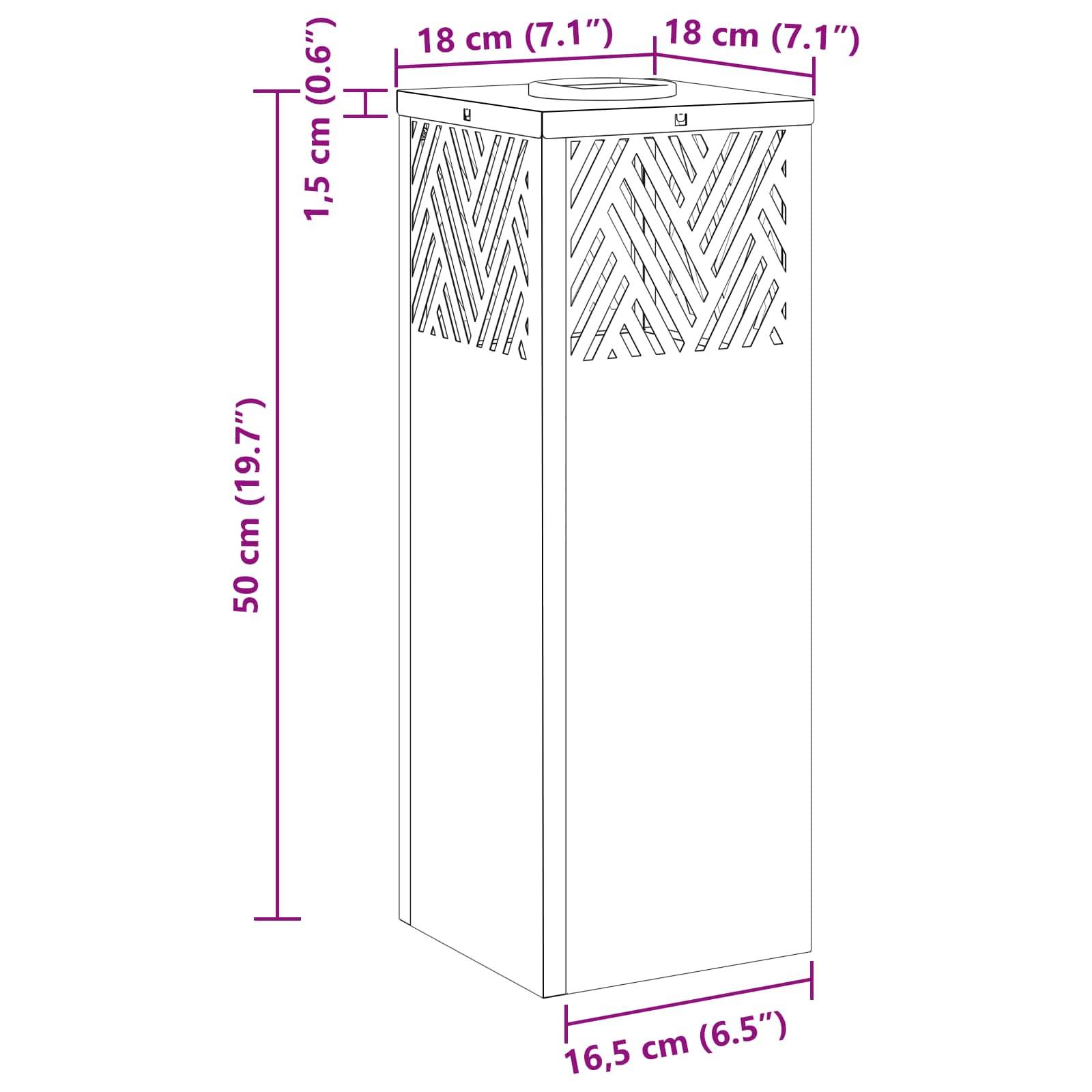 Diagramm einer rechteckigen Säule mit oberen Abmessungen von 18 cm (7,1