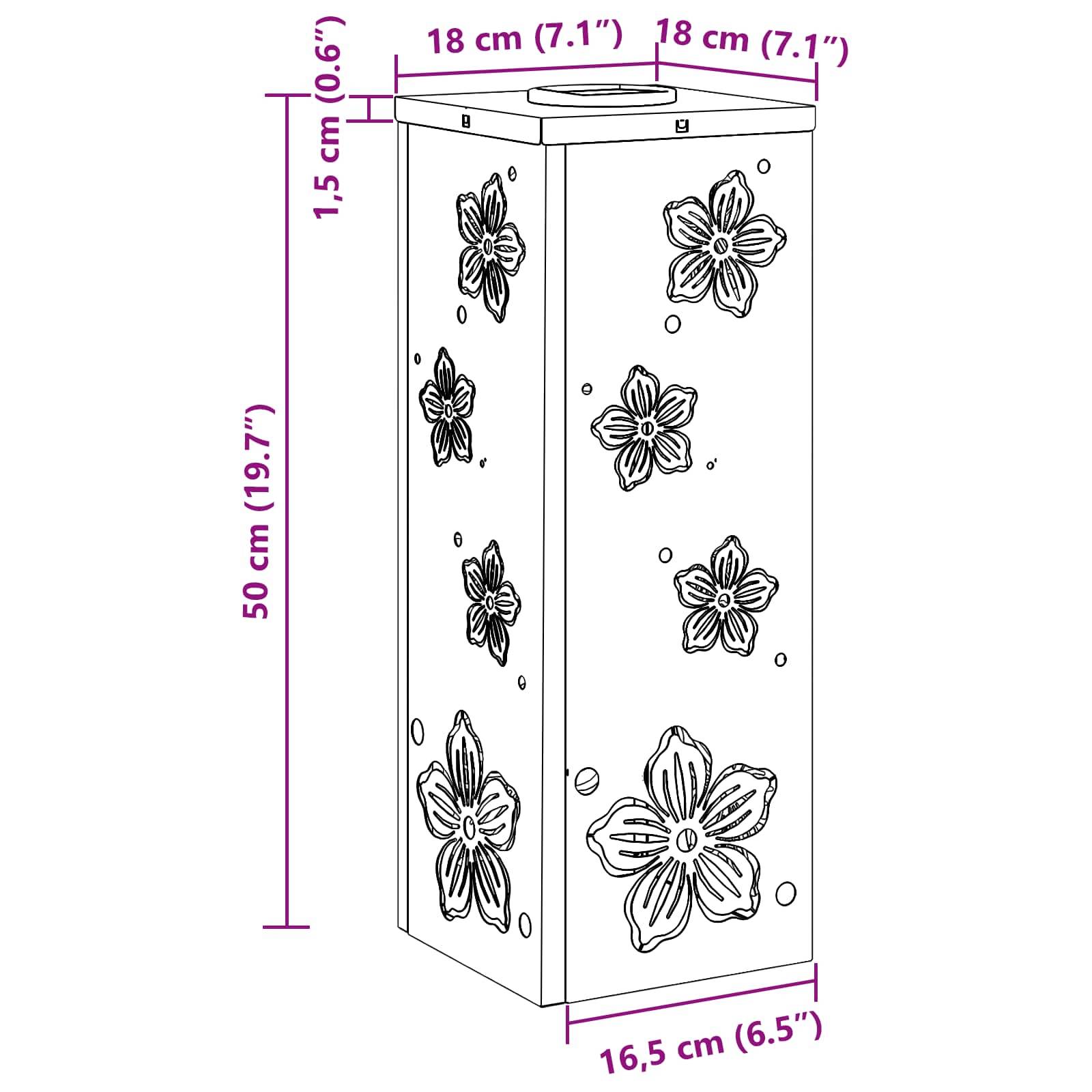 Eine hohe rechteckige Box mit einer Höhe von 50 cm, die an ihren Seiten mit Blumenmustern verziert ist. Abmessungen und dekorative Details sind beschriftet.