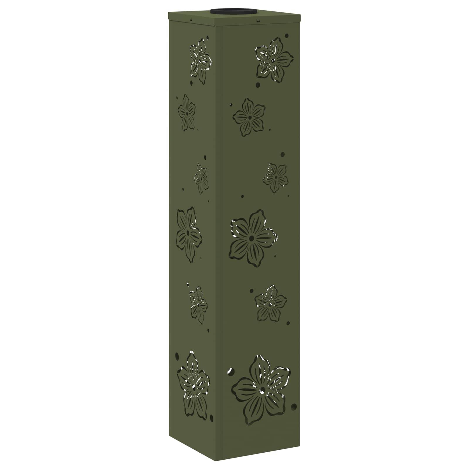 Eine hohe, rechteckige, olivgrüne Metallsäule mit floralen Ausschnittdesigns.