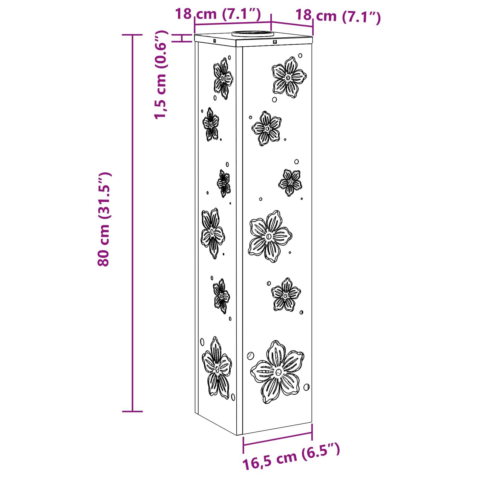 Eine hohe, dekorative säulenförmige Ziervase mit Blumenornamentik und präzisen Maßangaben: Höhe 80 cm, Breite/Tiefe 18 cm, Standfläche 16,5 cm.