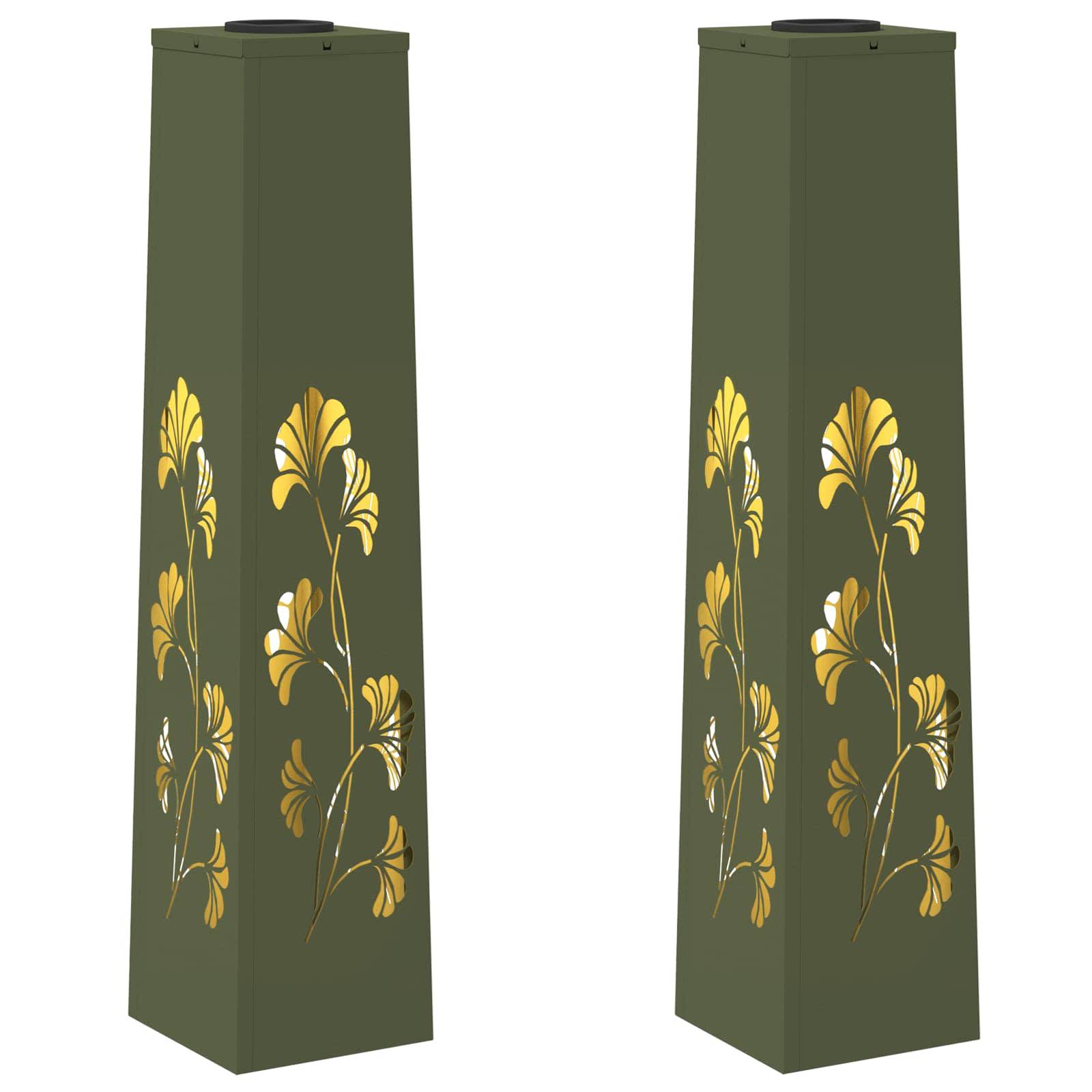 Zwei grüne rechteckige Säulen mit gelben und weißen Blumenmustern, die auf beiden Seiten elegante, symmetrische Designs präsentieren.