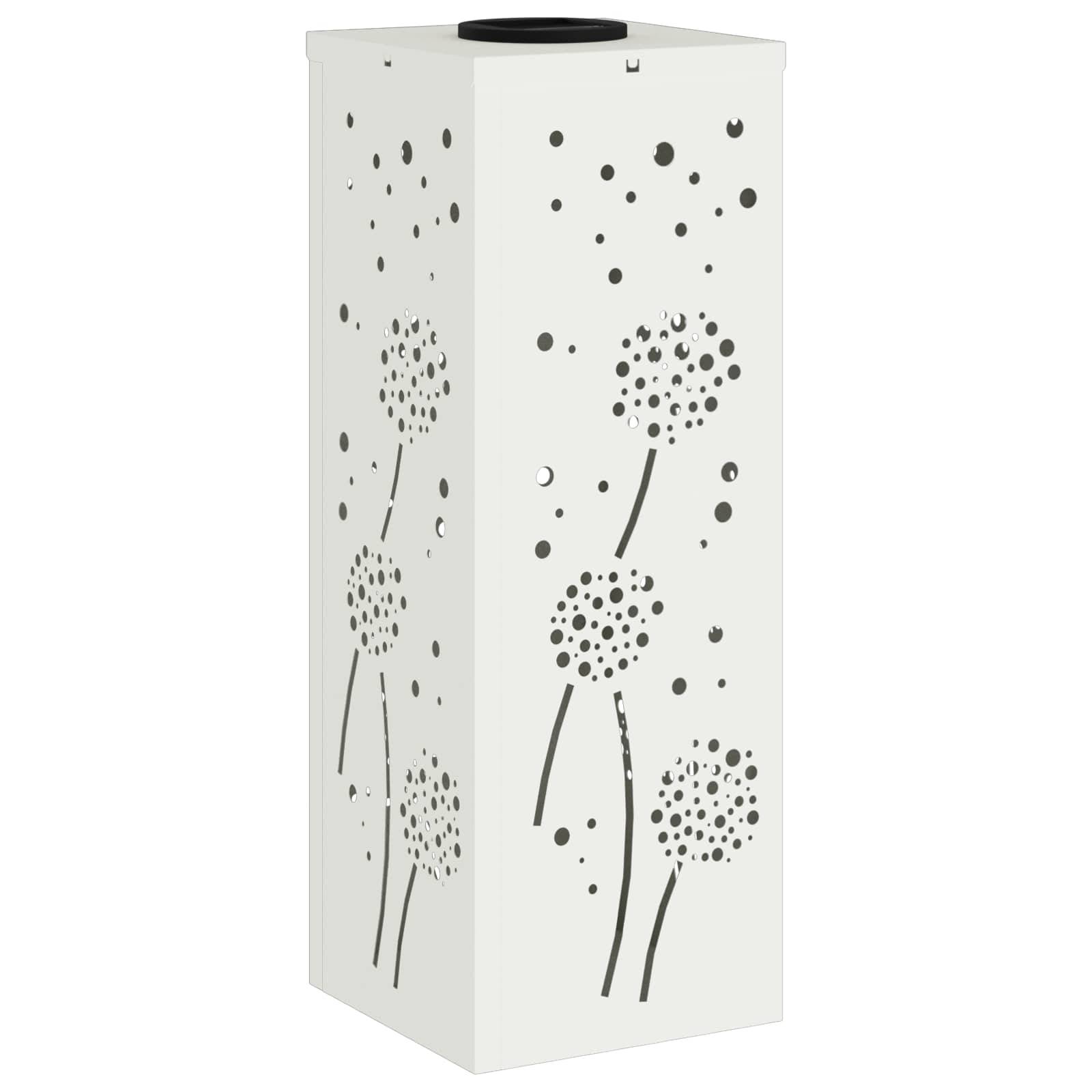 Weißer rechteckiger Behälter mit floralem Ausschnittmuster, das löwenzahnähnliche Formen und verstreute Punkte aufweist und Licht durchscheinen lässt.