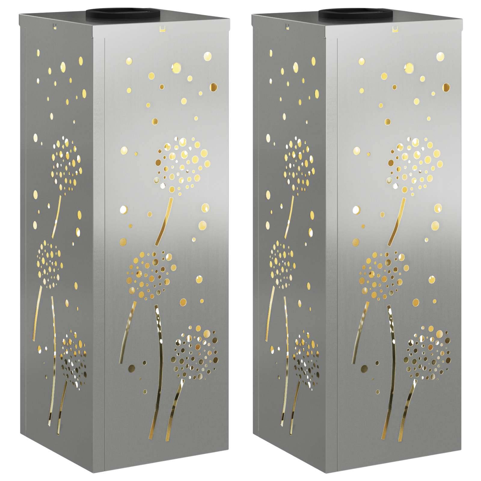 Zwei rechteckige Metalllaternen mit ausgeschnittenen Löwenzahn-Designs, die ein warmes, dekoratives Leuchten durch die Ausschnitte scheinen lassen.