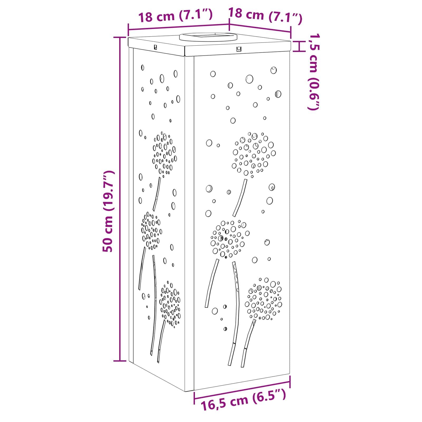 Rechteckige Stehleuchte mit Löwenzahnmustern, Höhe 50 cm, Breite/Tiefe 18 cm und Basisdurchmesser 16,5 cm.