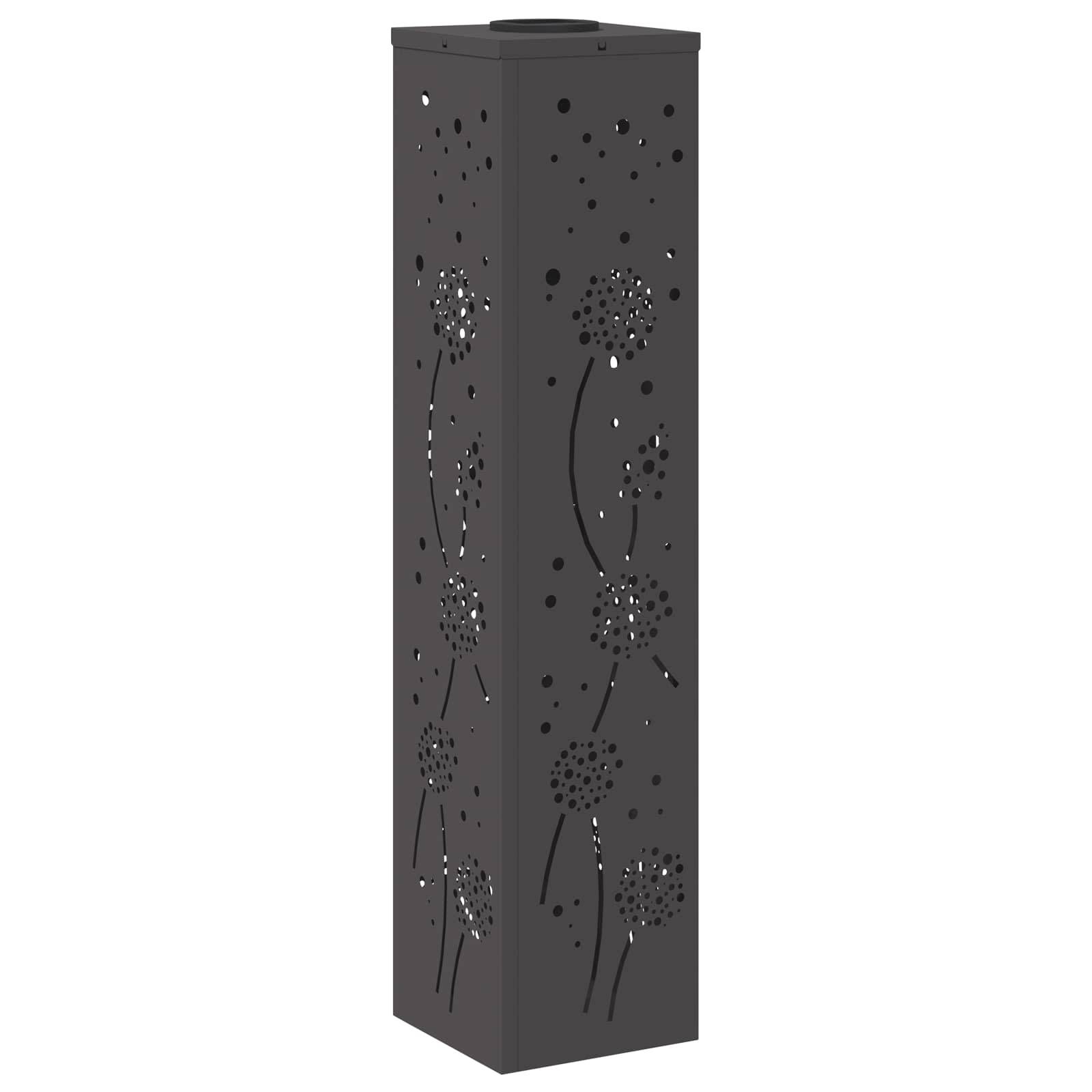 Ein hoher, rechteckiger schwarzer Schirmständer mit ausgeschnittenen Löwenzahn-Designs.