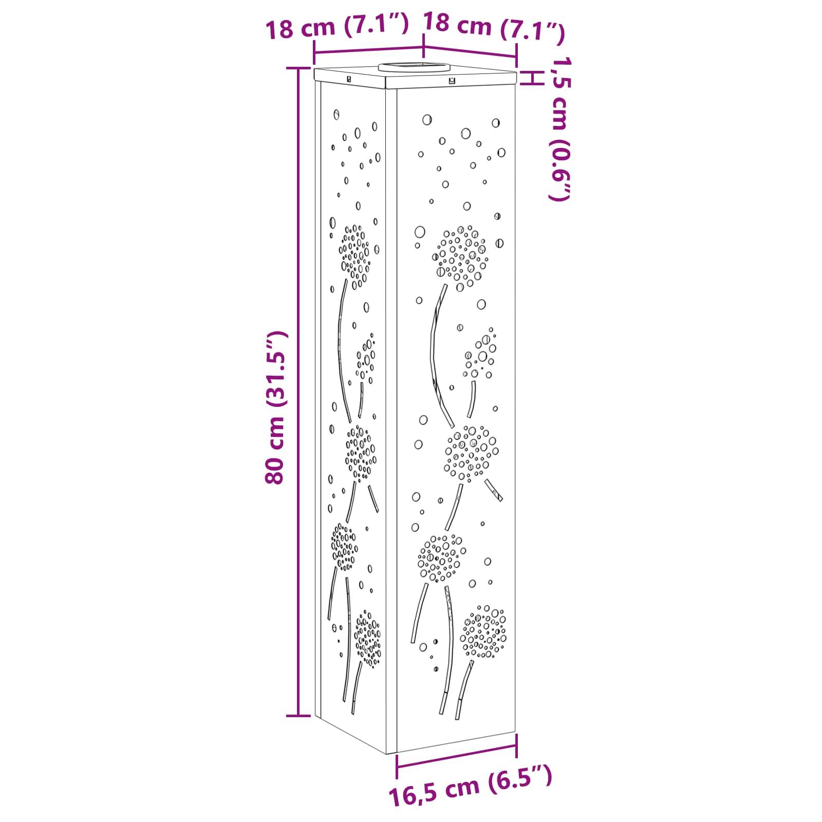 Hohe, rechteckige Dekorationslampe mit durchbrochenen Blumenmustern. Abmessungen: 80 cm hoch, 18 cm breit und 16,5 cm tief.