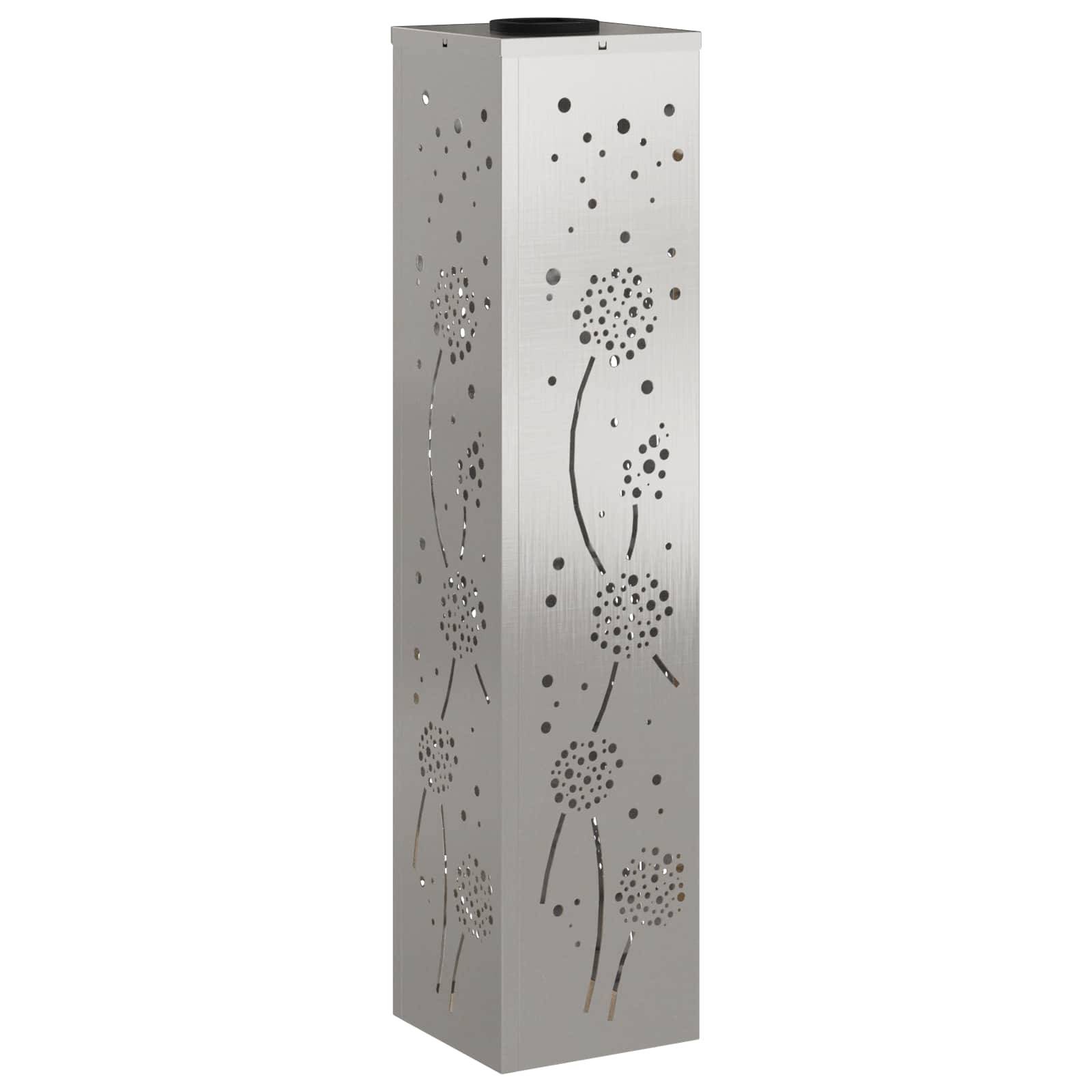 Hoher, rechteckiger Metallschirmständer mit durchbrochener Blumenmuster, der Löwenzahndesigns auf der Oberfläche aufweist.